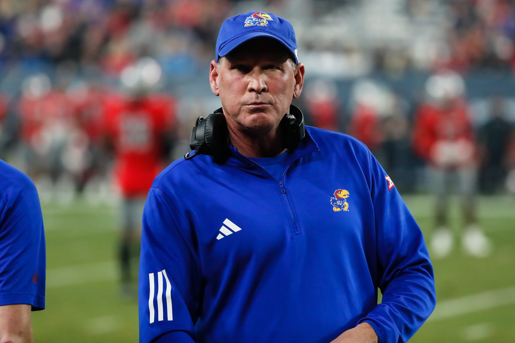 PHOENIX, AZ - DECEMBER 26:  Kansas Jayhawks head coach Lance Leipold looks on during the Guaranteed Rate Bowl college football game between the Kansas Jayhawks  and the UNLV Rebels on December 26, 2023 at Chase Field in Phoenix, Arizona. (Photo by Kevin Abele/Icon Sportswire via Getty Images)