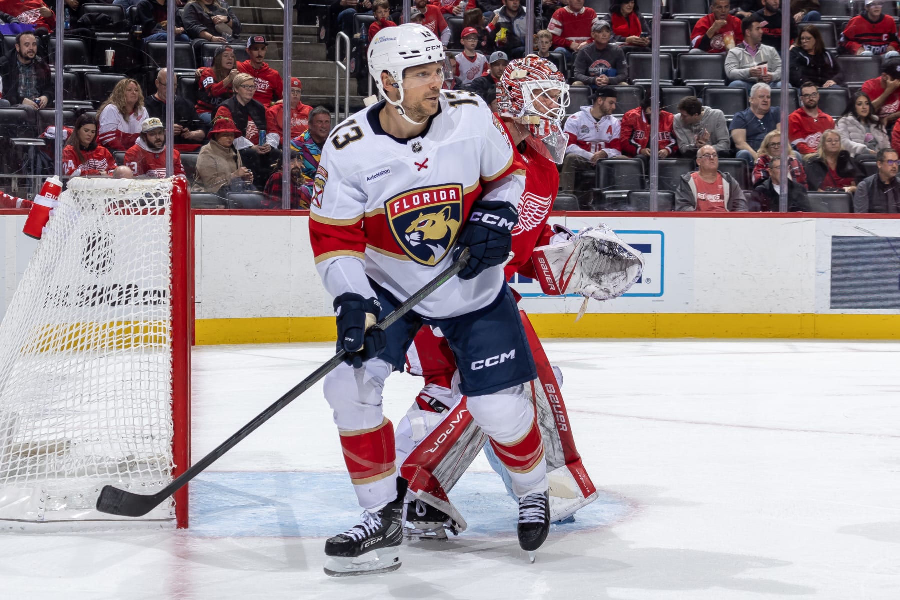DETROIT, MI - NOVEMBER 02: Sam Reinhart #13 of the Florida Panthers follows the play next to James Reimer #47 of the Detroit Red Wings during the second period at Little Caesars Arena on November 2, 2023 in Detroit, Michigan. Florida defeated Detroit 2-0. (Photo by Dave Reginek/NHLI via Getty Images)