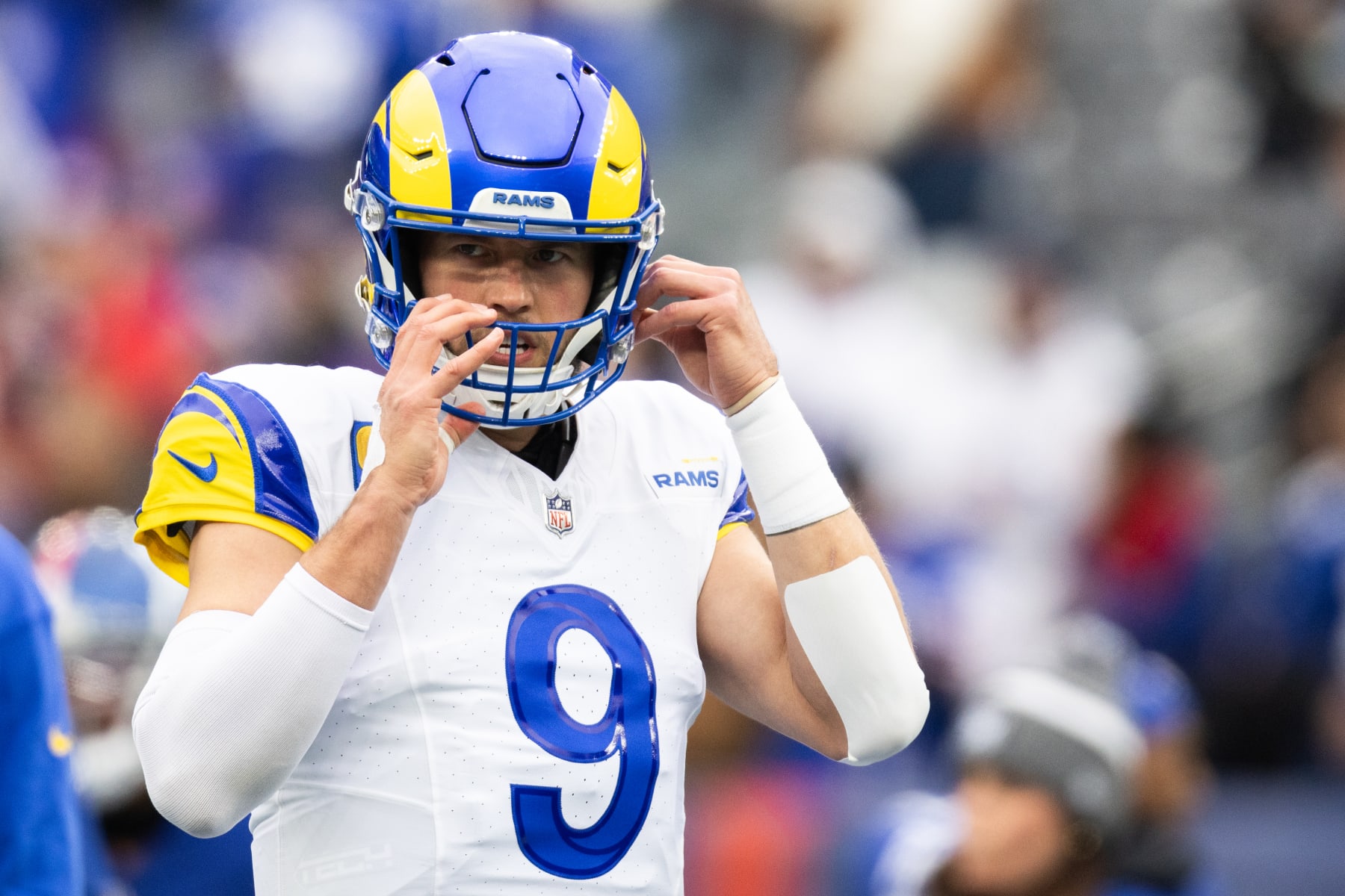 EAST RUTHERFORD, NEW JERSEY - DECEMBER 31: Matthew Stafford #9 of the Los Angeles Rams looks on before the game against the New York Giants at MetLife Stadium on December 31, 2023 in East Rutherford, New Jersey. (Photo by Dustin Satloff/Getty Images)