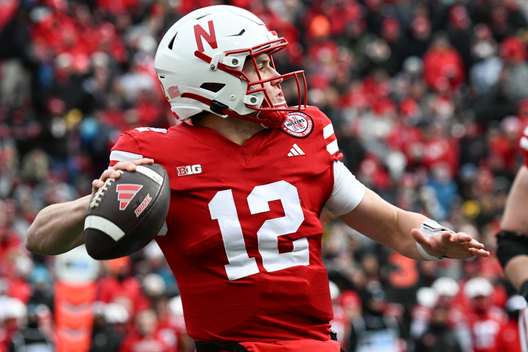 LINCOLN, NEBRASKA - NOVEMBER 24: Quarterback Chubba Purdy #12 of the Nebraska Cornhuskers passes against the Iowa Hawkeyes in the first quarter at Memorial Stadium on November 24, 2023 in Lincoln, Nebraska. (Photo by Steven Branscombe/Getty Images)
