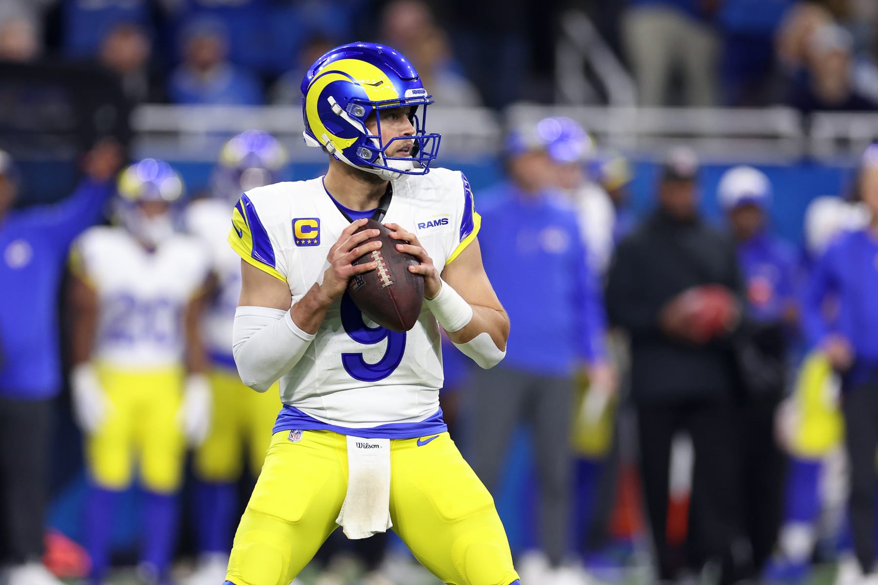 DETROIT, MICHIGAN - JANUARY 14: Matthew Stafford #9 of the Los Angeles Rams looks to throw the ball during the first quarter against the Detroit Lions in the NFC Wild Card Playoffs at Ford Field on January 14, 2024 in Detroit, Michigan. (Photo by Gregory Shamus/Getty Images)
