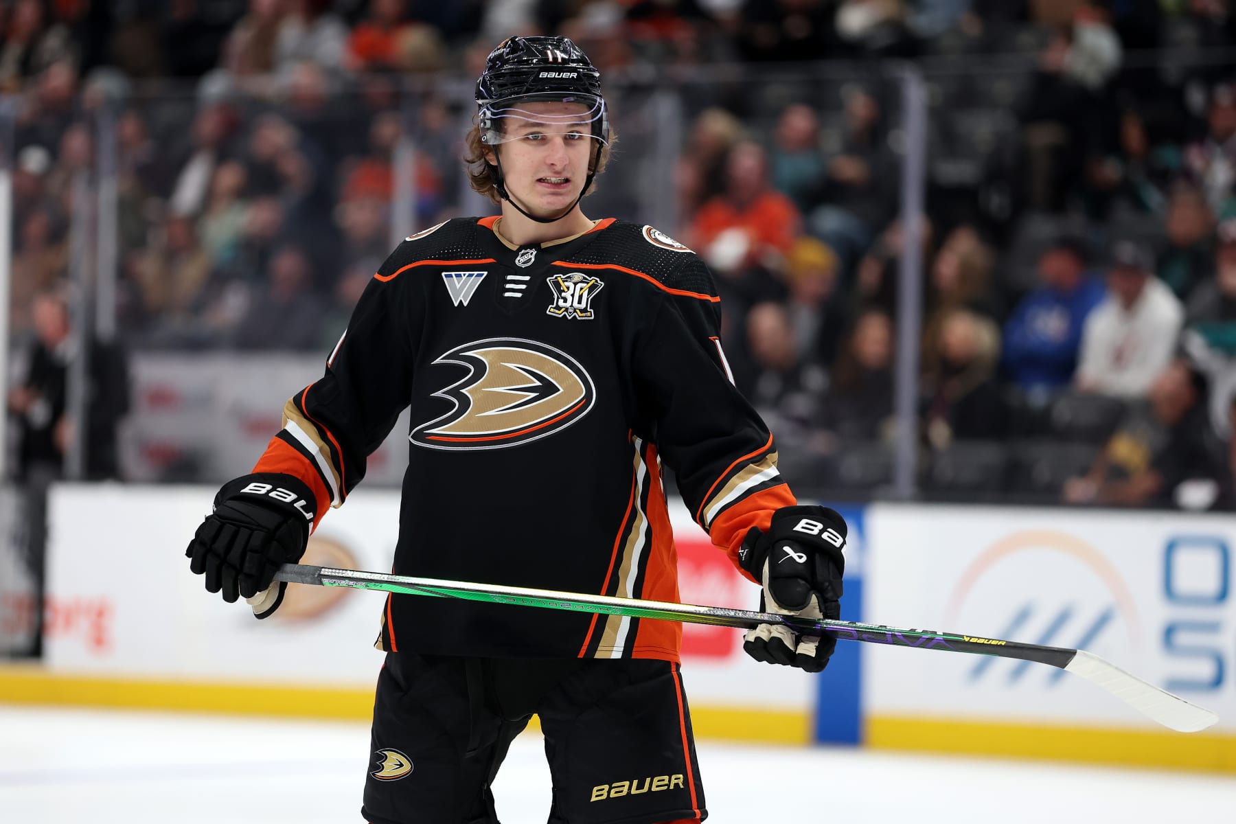 ANAHEIM, CALIFORNIA - JANUARY 05: Trevor Zegras #11 of the Anaheim Ducks looks on during the first period of a game against the Winnipeg Jets at Honda Center on January 05, 2024 in Anaheim, California. (Photo by Sean M. Haffey/Getty Images)