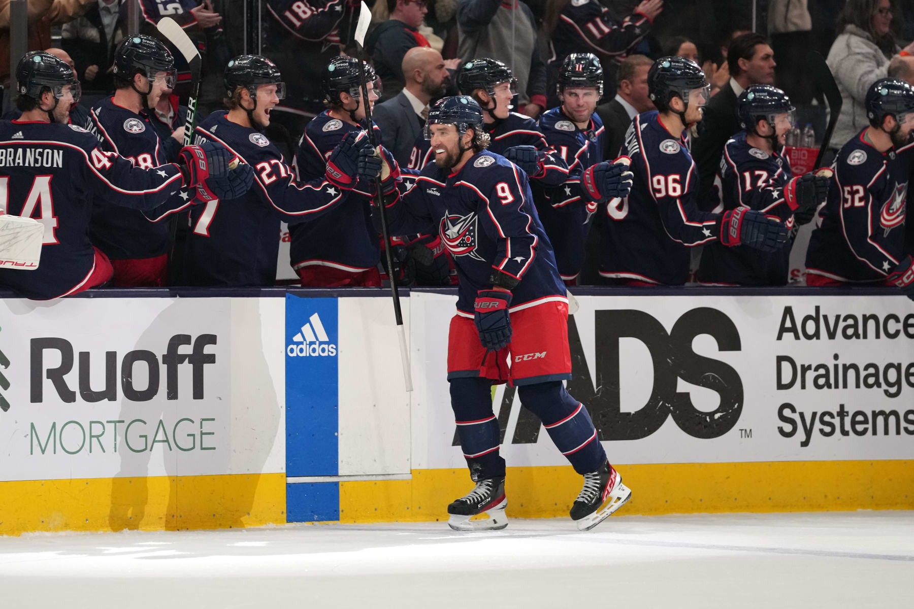 COLUMBUS, OHIO - JANUARY 13: Ivan Provorov #9 of the Columbus Blue Jackets celebrates a goal in the first period against the Seattle Kraken at Nationwide Arena on January 13, 2024 in Columbus, Ohio. (Photo by Jason Mowry/Getty Images)