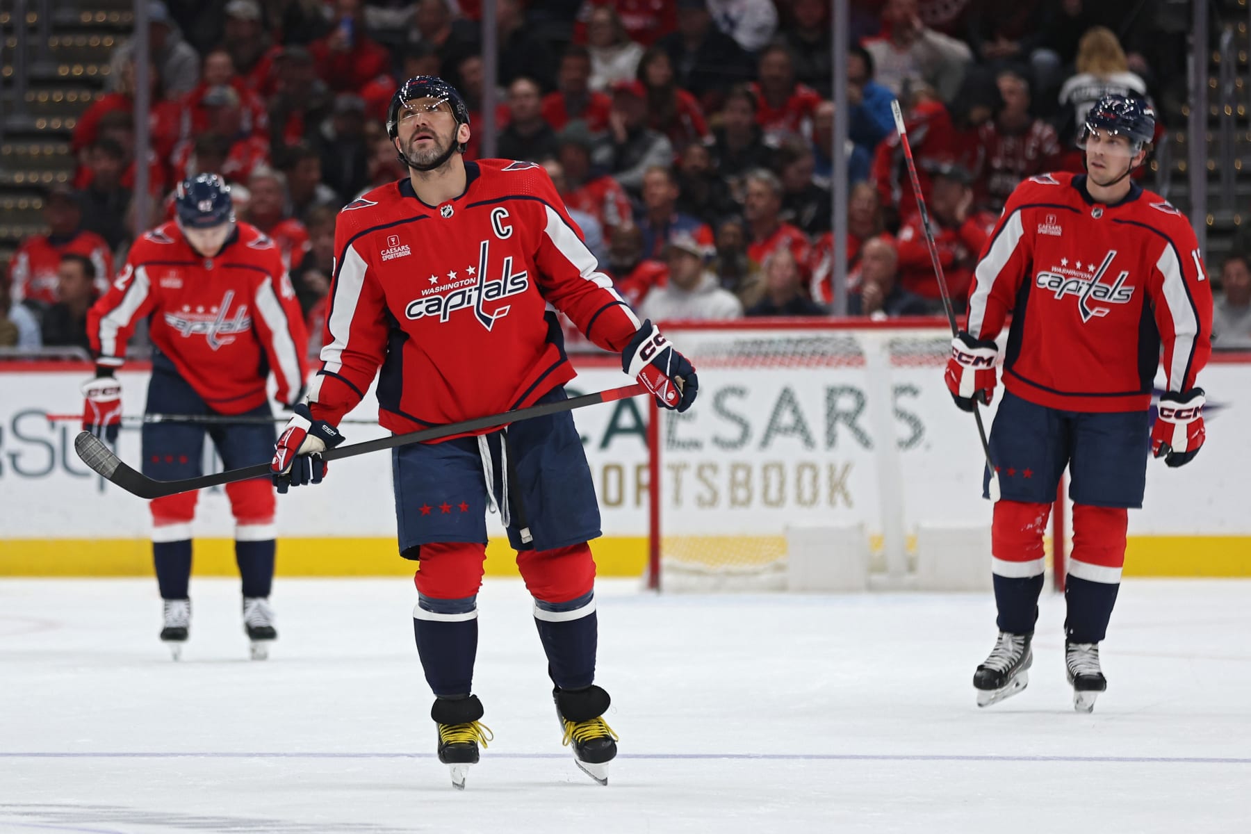 WASHINGTON, DC - JANUARY 11: Alex Ovechkin #8 of the Washington Capitals reacts after the Washington Capitals allowed a goal /K during the second period at Capital One Arena on January 11, 2024 in Washington, DC. (Photo by Patrick Smith/Getty Images)