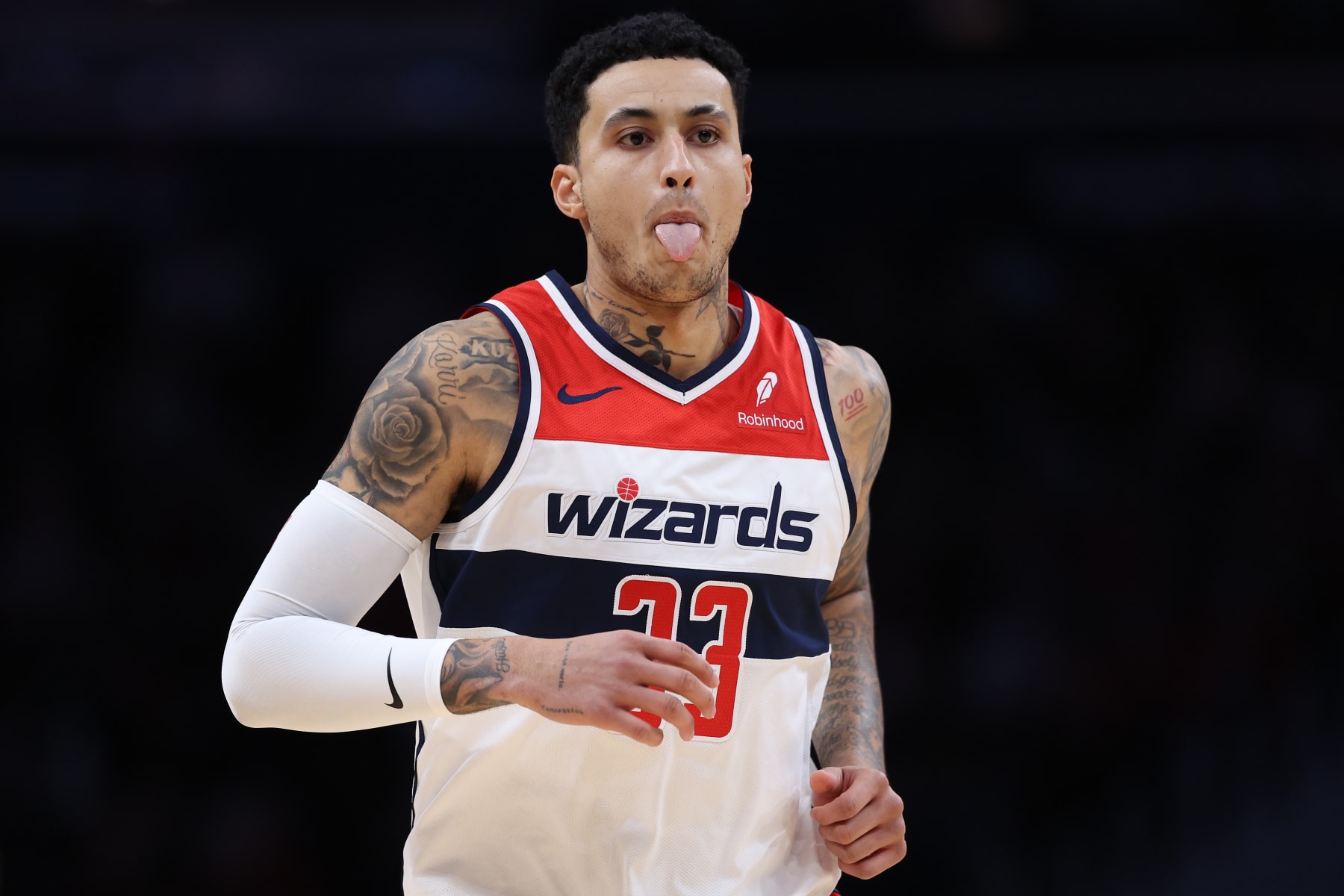 WASHINGTON, DC - JANUARY 08: Kyle Kuzma #33 of the Washington Wizards reacts against the Oklahoma City Thunder during the first half at Capital One Arena on January 08, 2024 in Washington, DC. NOTE TO USER: User expressly acknowledges and agrees that, by downloading and or using this photograph, User is consenting to the terms and conditions of the Getty Images License Agreement (Photo by Patrick Smith/Getty Images)
