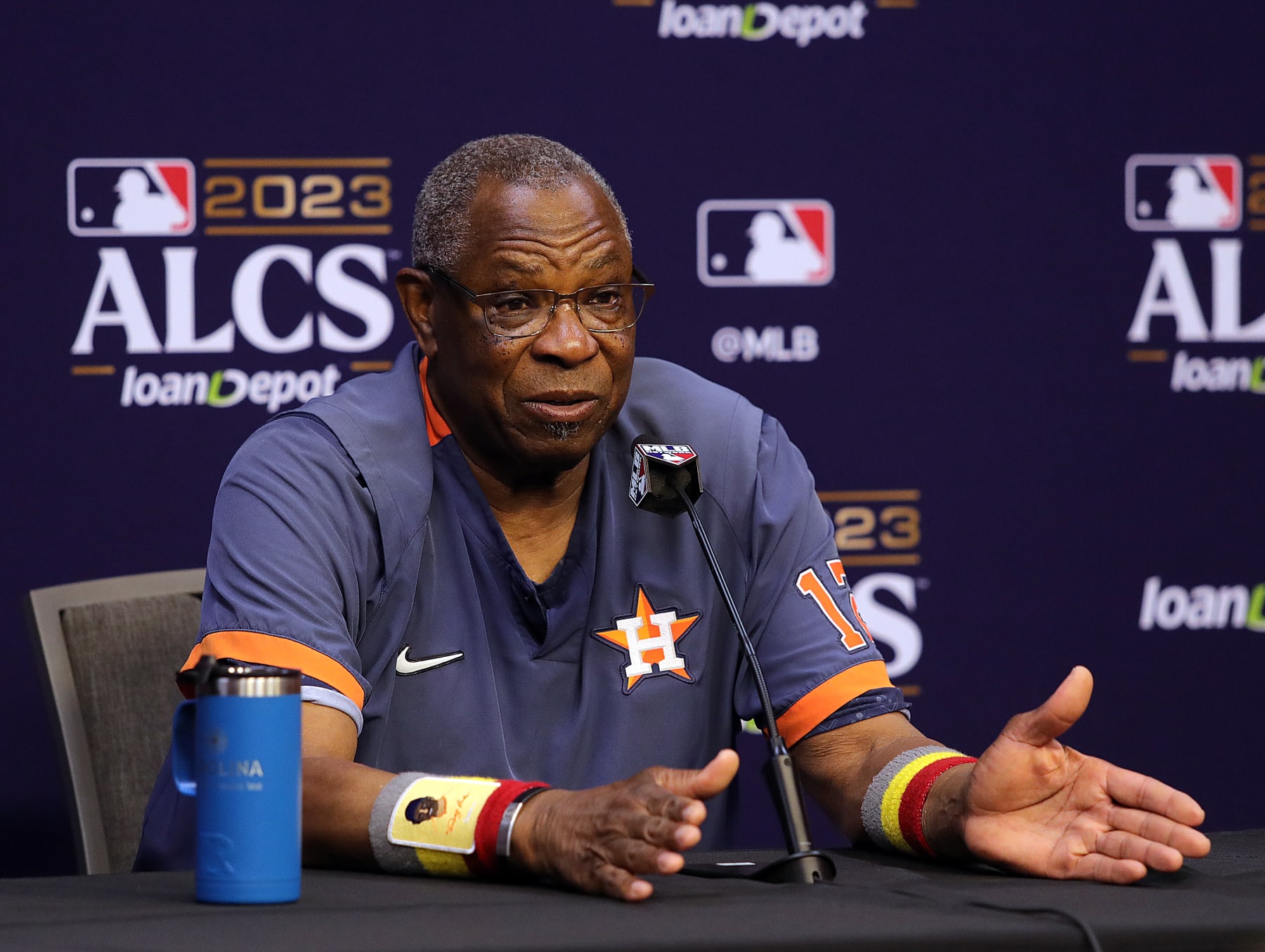HOUSTON, TEXAS - OCTOBER 14: Manager Dusty Baker Jr. #12 of the Houston Astros takes questions from the media ahead of the American League Championship Series against the Texas Rangers at Minute Maid Park on October 14, 2023 in Houston, Texas. (Photo by Bob Levey/Getty Images)