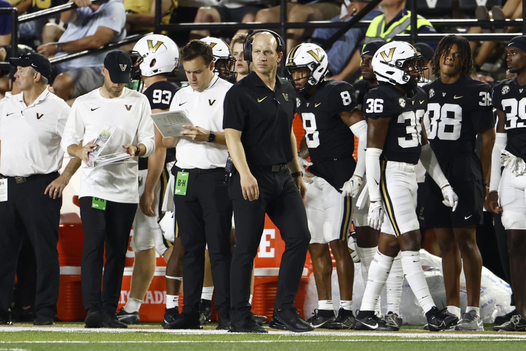 NASHVILLE, TENNESSEE - SEPTEMBER 02: Head Coach Clark Lea of the Vanderbilt Commodores looks on during the first half of the game against the Alabama A&M Bulldogs at FirstBank Stadium on September 02, 2023 in Nashville, Tennessee. (Photo by Johnnie Izquierdo/Getty Images)
