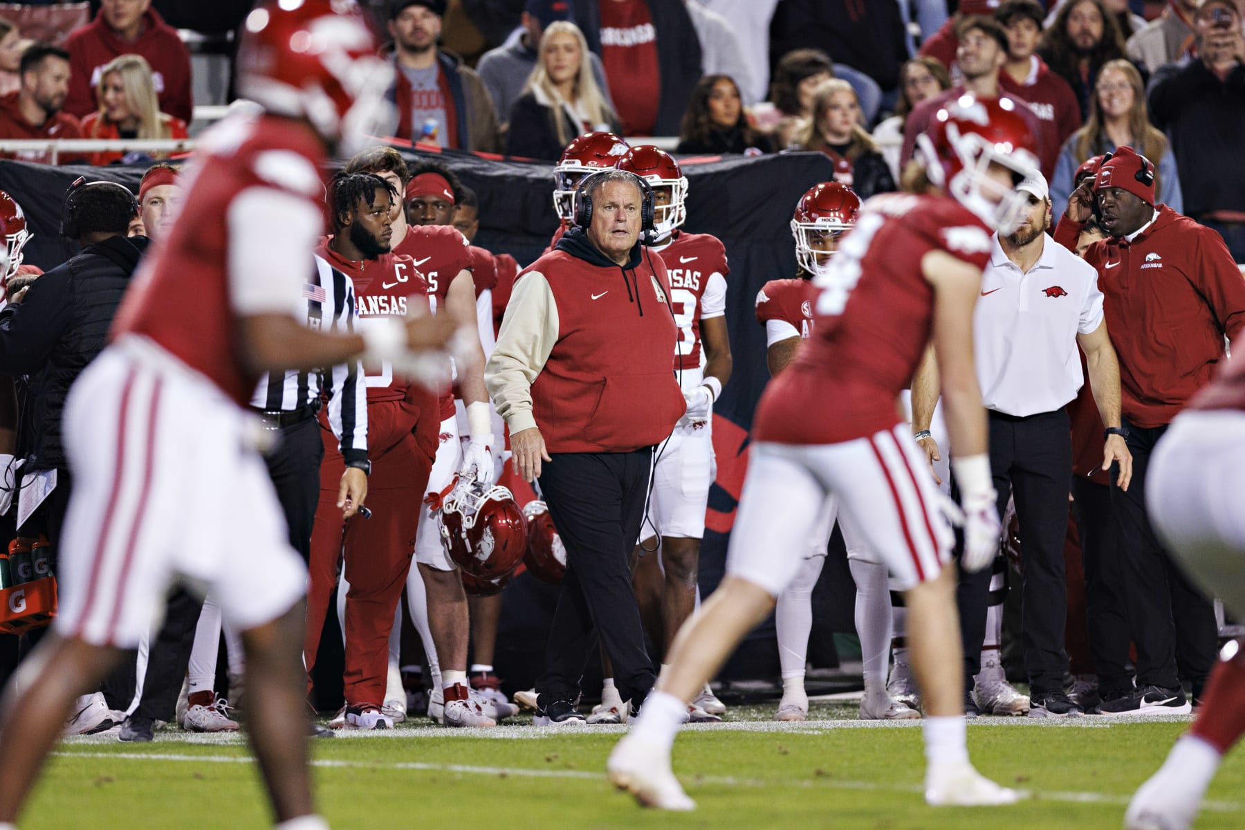 FAYETTEVILLE, ARKANSAS - NOVEMBER 18: Head Coach Sam Pittman of the Arkansas Razorbacks on the sidelines in the second half of the game against the FIU Panthers at Donald W. Reynolds Razorback Stadium on November 18, 2023 in Fayetteville, Arkansas. The Razorbacks defeated the Panthers 44-20. (Photo by Wesley Hitt/Getty Images)