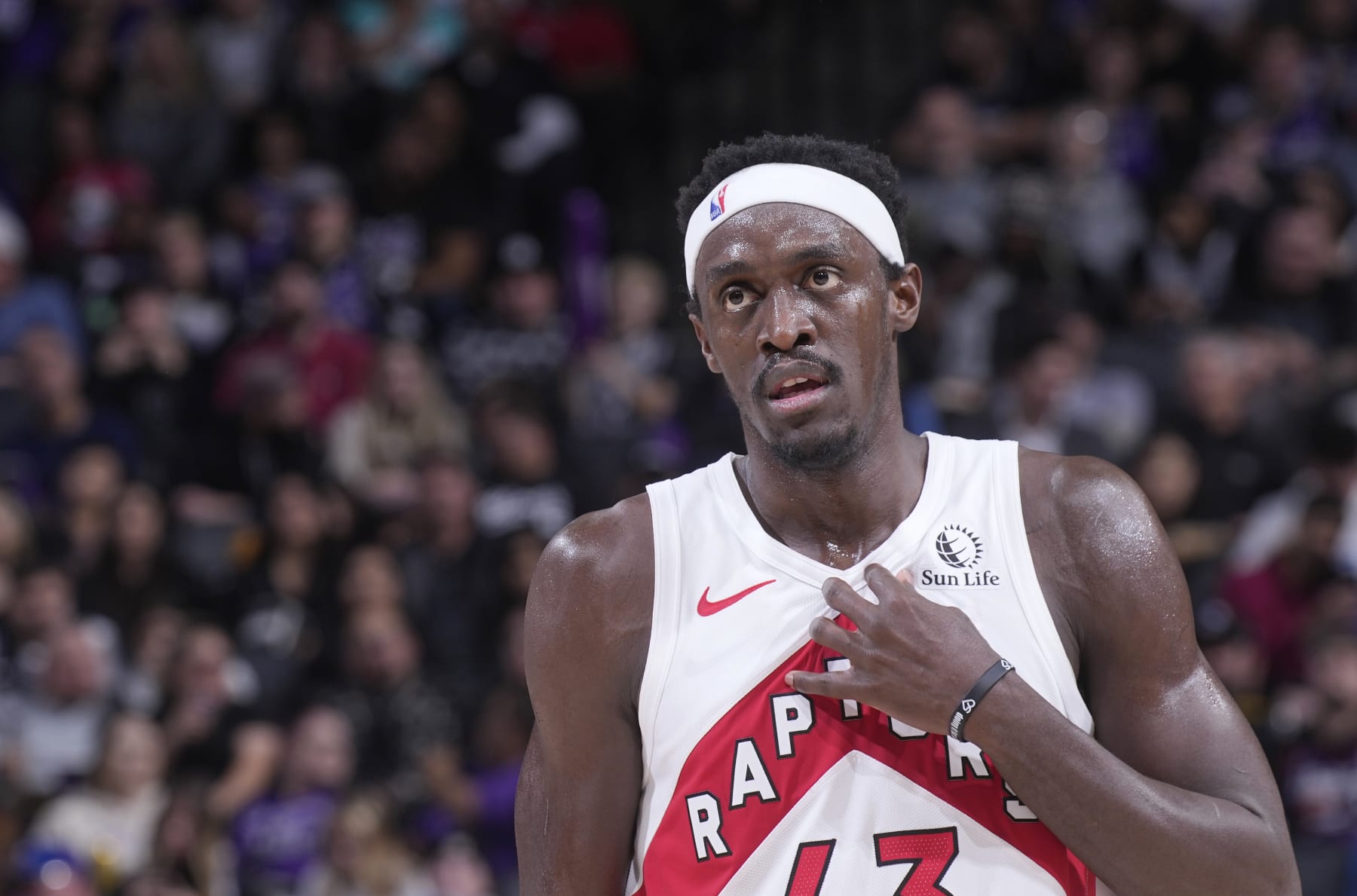 SACRAMENTO, CA - JANUARY 5: Pascal Siakam #43 of the Toronto Raptors looks on during the game against the Sacramento Kings on January 5, 2024 at Golden 1 Center in Sacramento, California. NOTE TO USER: User expressly acknowledges and agrees that, by downloading and or using this photograph, User is consenting to the terms and conditions of the Getty Images Agreement. Mandatory Copyright Notice: Copyright 2024 NBAE (Photo by Rocky Widner/NBAE via Getty Images)