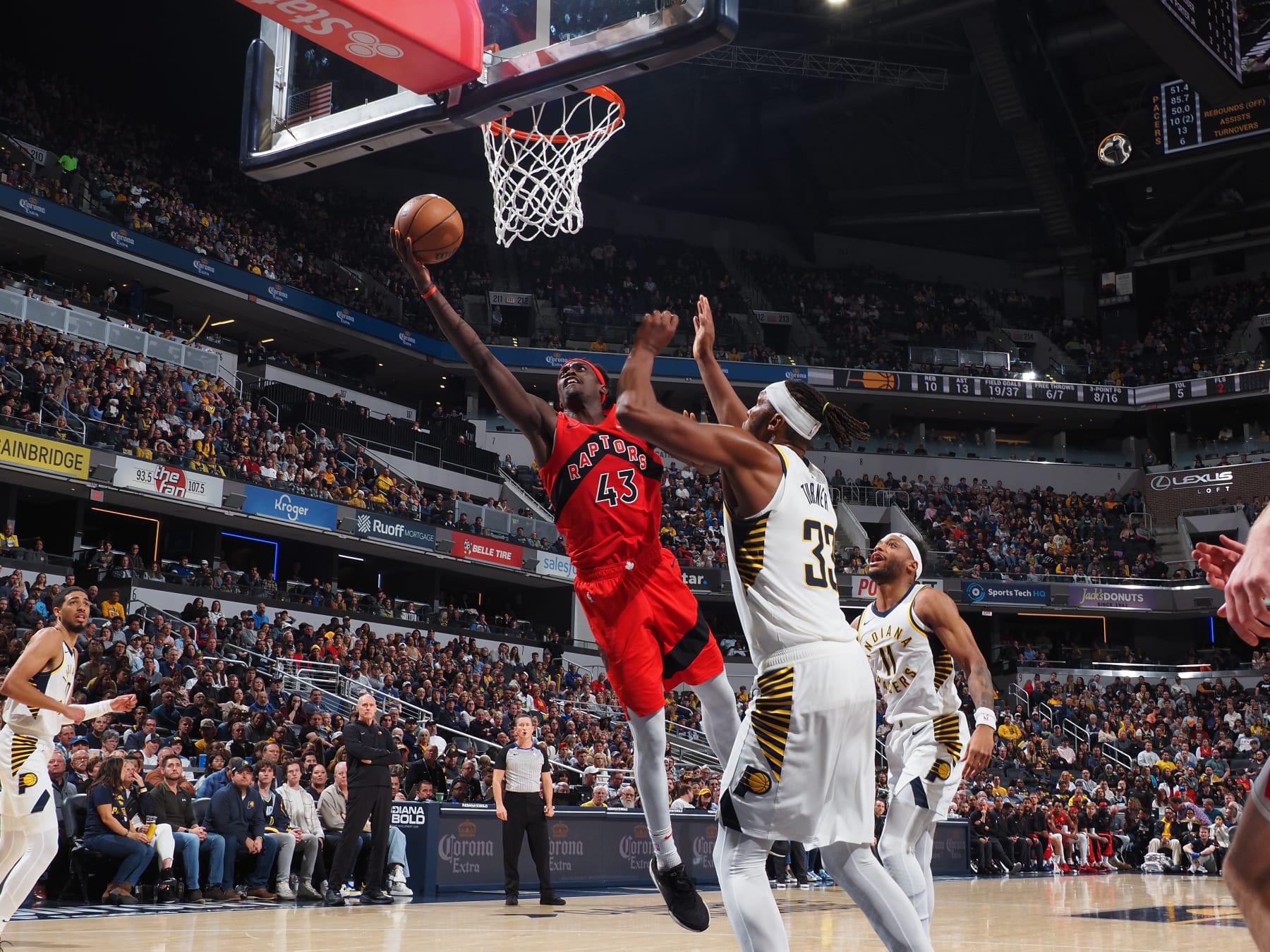 INDIANAPOLIS, IN - NOVEMBER 22: Pascal Siakam #43 of the Toronto Raptors drives to the basket during the game against the Indiana Pacers on November 22, 2023 at Gainbridge Fieldhouse in Indianapolis, Indiana. NOTE TO USER: User expressly acknowledges and agrees that, by downloading and or using this Photograph, user is consenting to the terms and conditions of the Getty Images License Agreement. Mandatory Copyright Notice: Copyright 2023 NBAE (Photo by Ron Hoskins/NBAE via Getty Images)