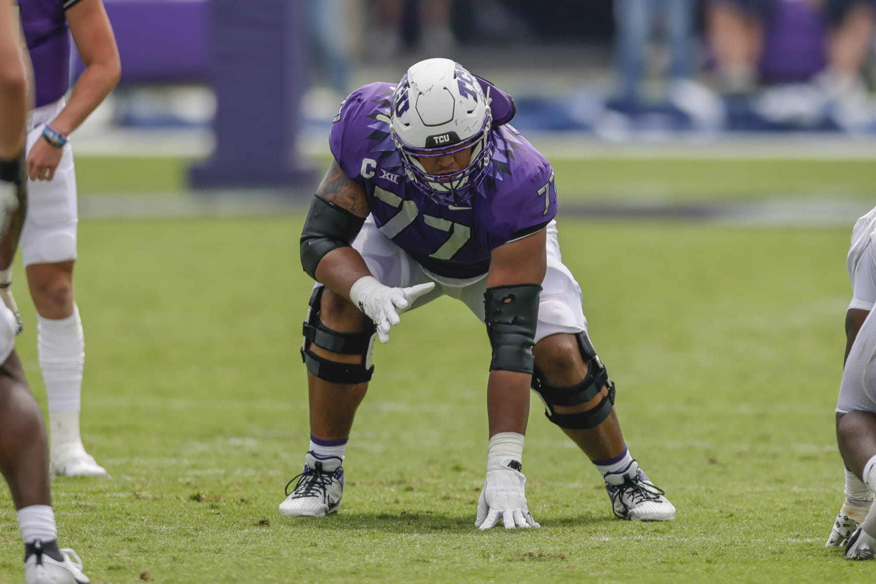 FORT WORTH, TX - SEPTEMBER 02: TCU Horned Frogs offensive lineman Brandon Coleman (77) waits for the snap of the football during the game between the TCU Horned Frogs and the Colorado Buffaloes on September 2, 2023 at Amon G. Carter Stadium in Fort Worth, Texas. (Photo by Matthew Pearce/Icon Sportswire via Getty Images)