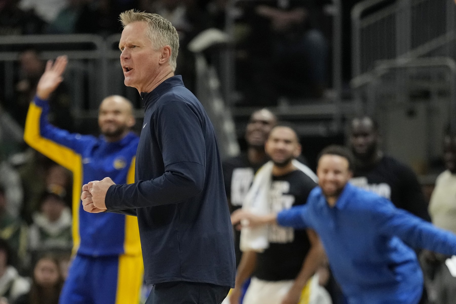 MILWAUKEE, WISCONSIN - JANUARY 13: Head coach Steve Kerr of the Golden State Warriors reacts in the first half against the Milwaukee Bucks at Fiserv Forum on January 13, 2024 in Milwaukee, Wisconsin. NOTE TO USER: User expressly acknowledges and agrees that, by downloading and or using this photograph, User is consenting to the terms and conditions of the Getty Images License Agreement. (Photo by Patrick McDermott/Getty Images)