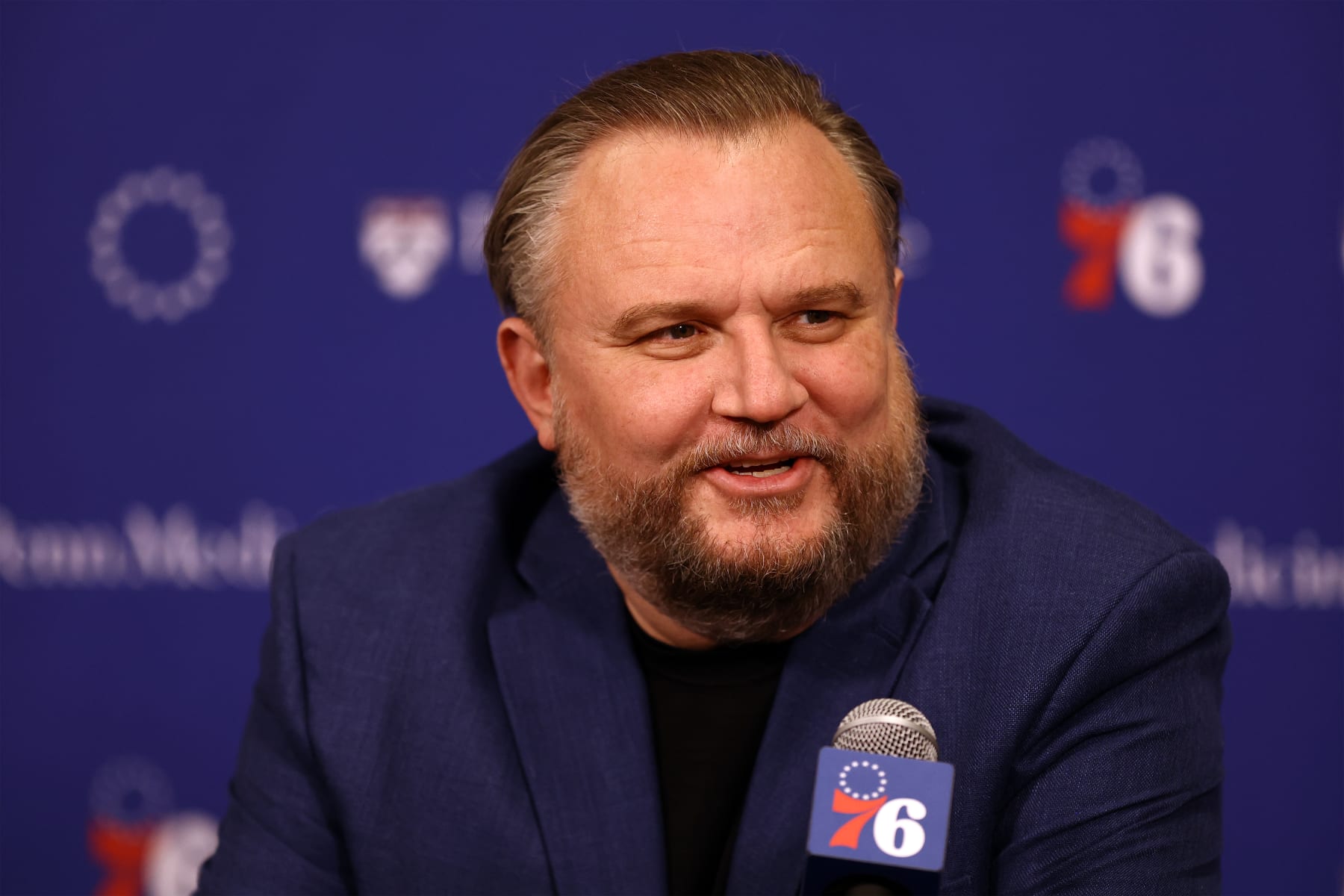PHILADELPHIA, PENNSYLVANIA - DECEMBER 15: President of basketball operations Daryl Morey participates in a press conference before a game between the Philadelphia Flyers and the Washington Capitals at the Wells Fargo Center on December 15, 2023 in Philadelphia, Pennsylvania. NOTE TO USER: User expressly acknowledges and agrees that, by downloading and or using this photograph, User is consenting to the terms and conditions of the Getty Images License Agreement. (Photo by Tim Nwachukwu/Getty Images)