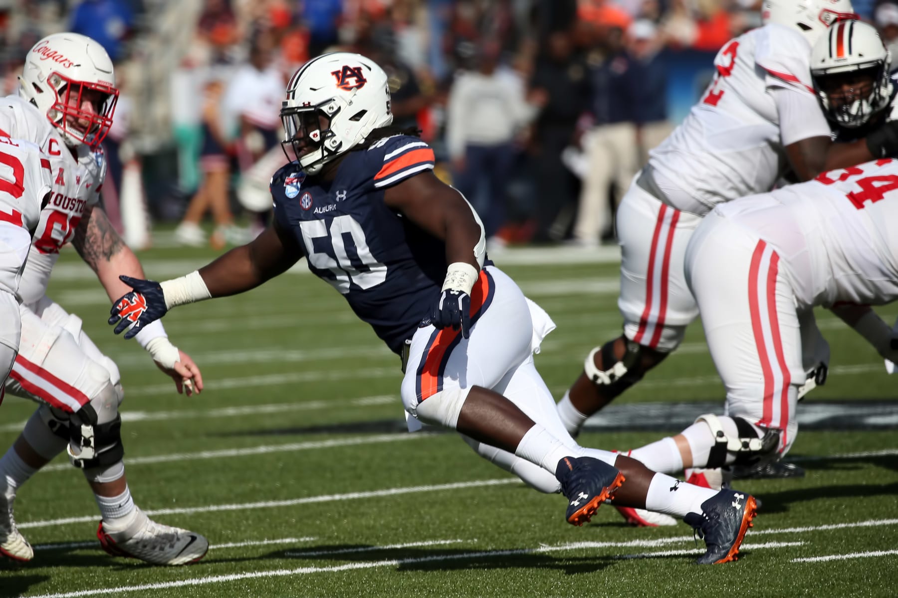 BIRMINGHAM, AL - DECEMBER 28: Auburn Tigers defensive lineman Marcus Harris (50) during the TicketSmarter Birmingham Bowl between the Houston Cougars and the Auburn Tigers on December 28, 2021 at Protective Stadium in Birmingham, Alabama. (Photo by Michael Wade/Icon Sportswire via Getty Images)