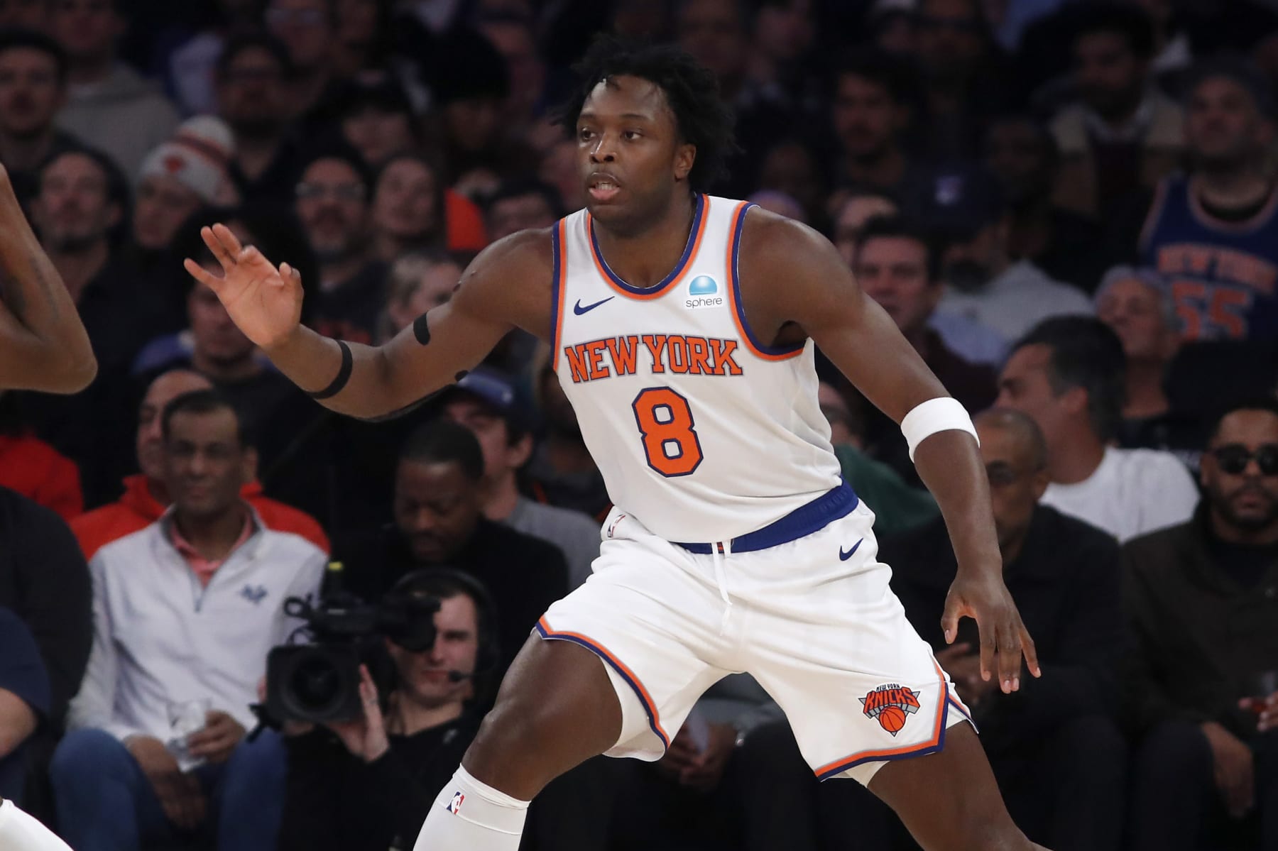 NEW YORK, NEW YORK - JANUARY 09: (NEW YORK DAILIES OUT)  OG Anunoby #8 of the New York Knicks in action against the Portland Trail Blazers at Madison Square Garden on January 09, 2024 in New York City. The Knicks defeated the Trail Blazers 112-84. NOTE TO USER: User expressly acknowledges and agrees that, by downloading and or using this photograph, User is consenting to the terms and conditions of the Getty Images License Agreement. (Photo by Jim McIsaac/Getty Images)