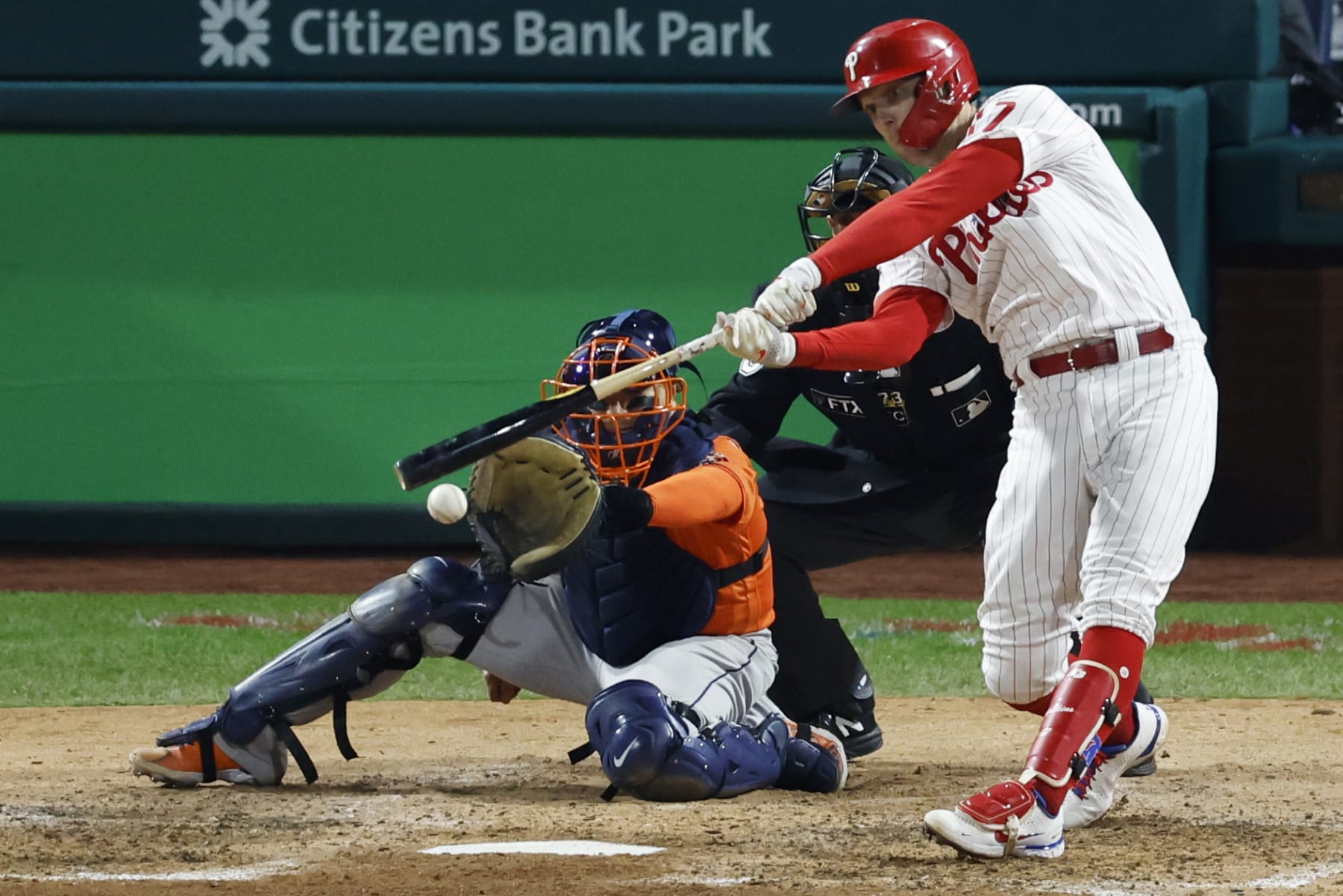 PHILADELPHIA, PA - NOVEMBER 02: Rhys Hoskins #17 of the Philadelphia Phillies grounds out in the sixth inning during Game 4 of the 2022 World Series between the Houston Astros and the Philadelphia Phillies at Citizens Bank Park on Wednesday, November 2, 2022 in Philadelphia, Pennsylvania. (Photo by Brian Garfinkel/MLB Photos via Getty Images)