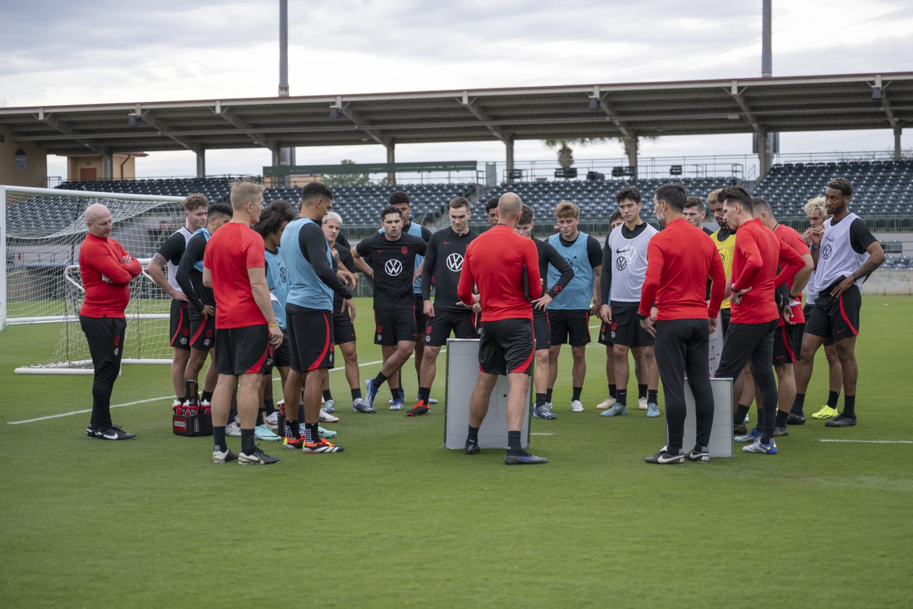 ORLANDO, FLORIDA - JANUARY 8: The USMNT listen to head coach Gregg Berhalter (C) of the USMNT during a USMNT winter camp on January 8, 2024 in Orlando, Florida. (Photo by Roy K Miller/ISI Photos/USSF/Getty Images)