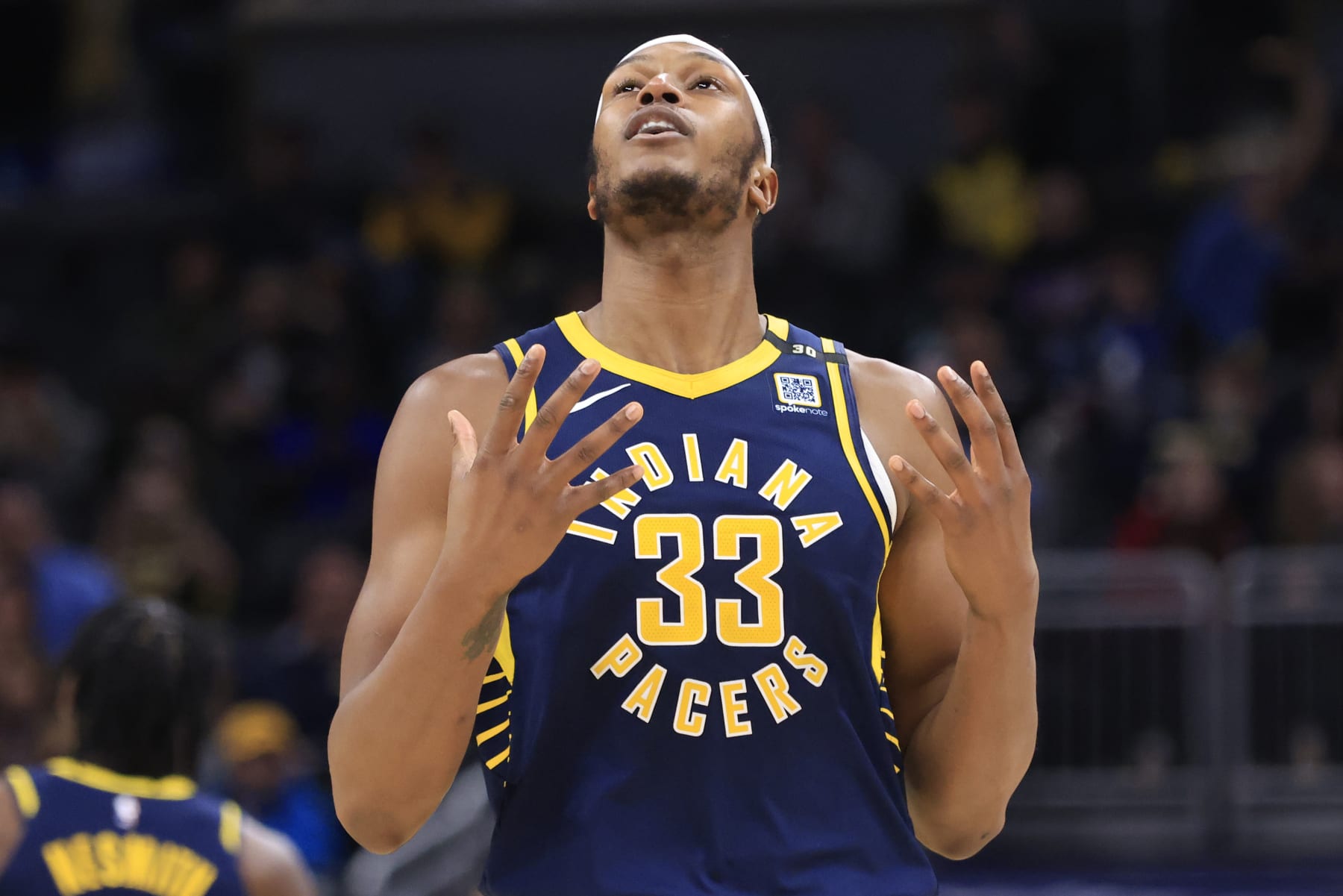 INDIANAPOLIS, INDIANA - JANUARY 10: Myles Turner #33 of the Indiana Pacers reacts in the game against the Washington Wizards at Gainbridge Fieldhouse on January 10, 2024 in Indianapolis, Indiana. NOTE TO USER: User expressly acknowledges and agrees that, by downloading and or using this photograph, User is consenting to the terms and conditions of the Getty Images License Agreement. (Photo by Justin Casterline/Getty Images)