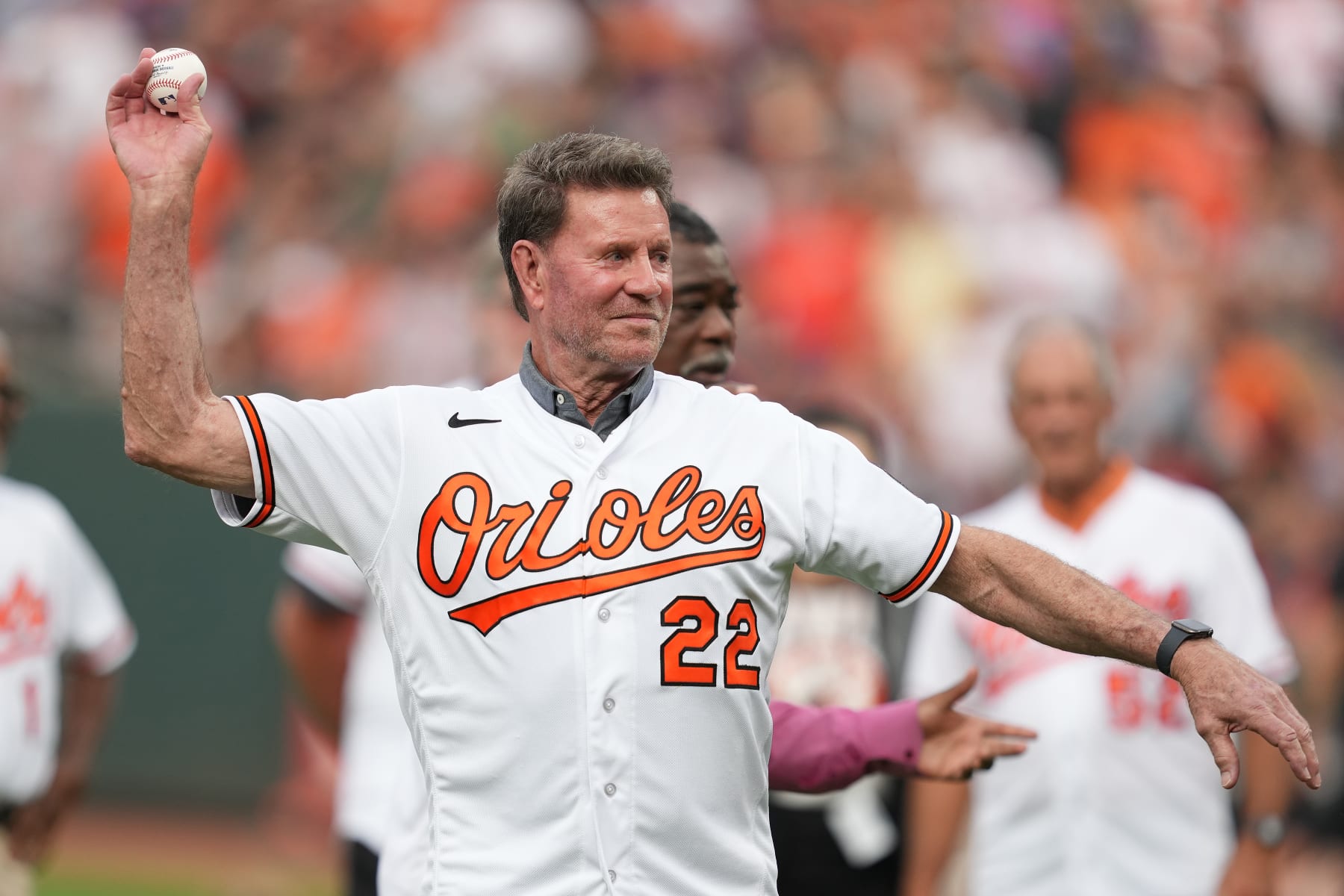 BALTIMORE, MD - AUGUST 05:  Former Baltimore Orioles player Jim Palmer throws out the first pitch during the fourth anniversary of their World Series win before a baseball game against the New York Mets at Oriole Park at Camden Yards on August 5, 2023 in Baltimore, Maryland.  (Photo by Mitchell Layton/Getty Images)