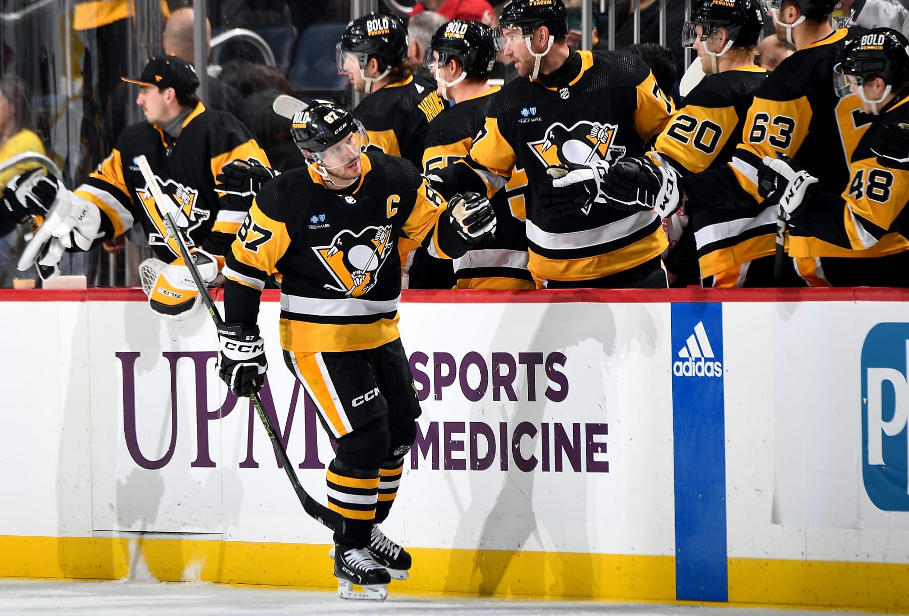 PITTSBURGH, PENNSYLVANIA - JANUARY 15: Sidney Crosby #87 of the Pittsburgh Penguins celebrates his second period goal against the Seattle Kraken at PPG PAINTS Arena on January 15, 2024 in Pittsburgh, Pennsylvania. (Photo by Joe Sargent/NHLI via Getty Images)