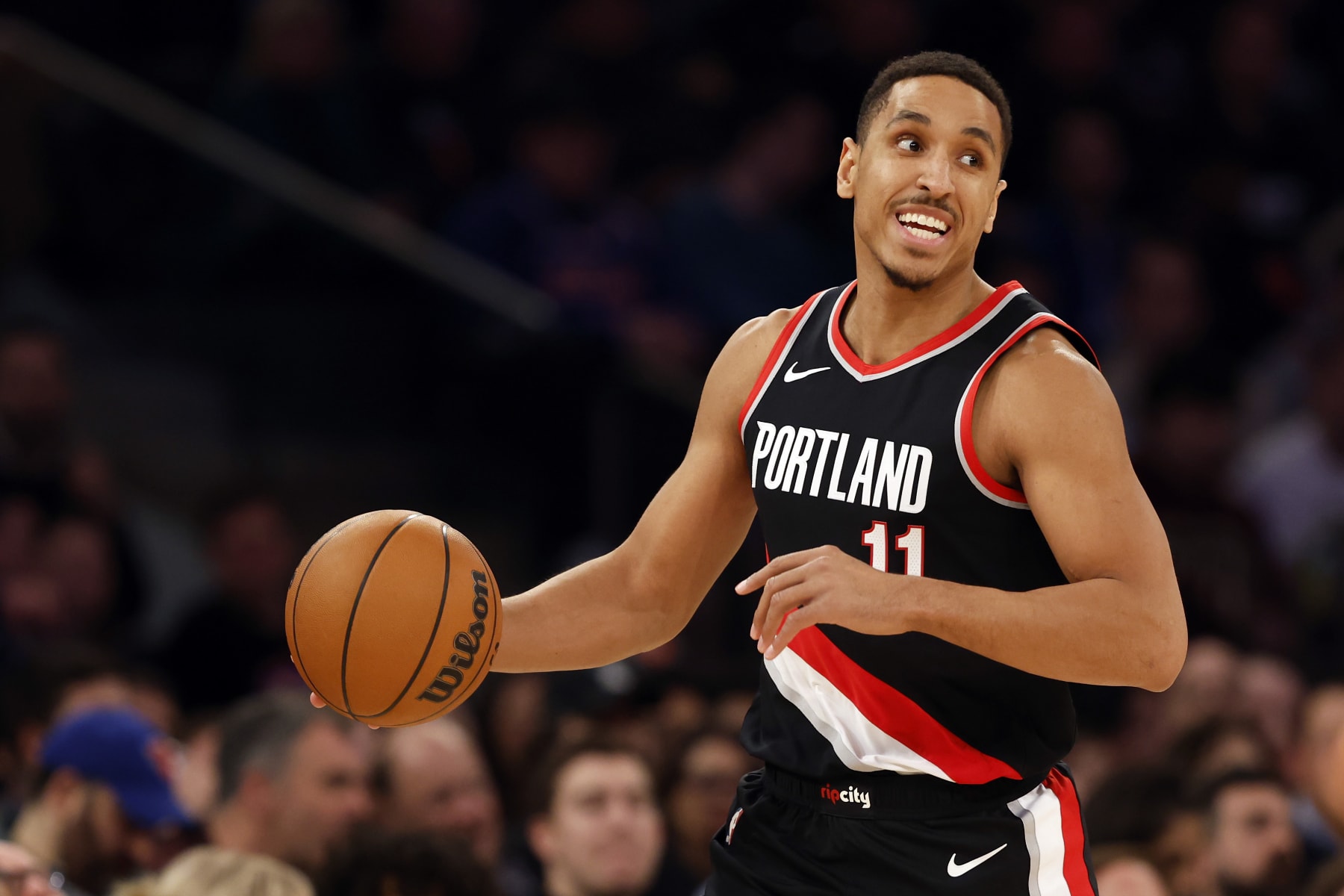 NEW YORK, NEW YORK - JANUARY 09: Malcolm Brogdon #11 of the Portland Trail Blazers dribbles during the first half against the New York Knicks at Madison Square Garden on January 09, 2024 in New York City. NOTE TO USER: User expressly acknowledges and agrees that, by downloading and/or using this Photograph, user is consenting to the terms and conditions of the Getty Images License Agreement. (Photo by Sarah Stier/Getty Images)