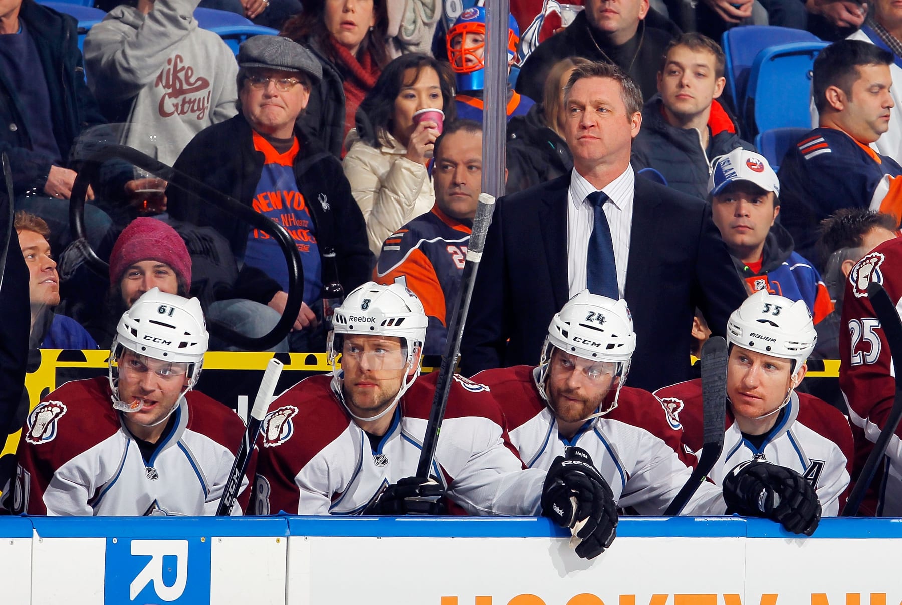 UNIONDALE, NY - FEBRUARY 08: Head coach Patrick Roy of the Colorado Avalanche looks on with his team against the New York Islanders on February 8, 2014 at Nassau Coliseum in Uniondale, New York. (Photo by Jim McIsaac/NHLI via Getty Images)
