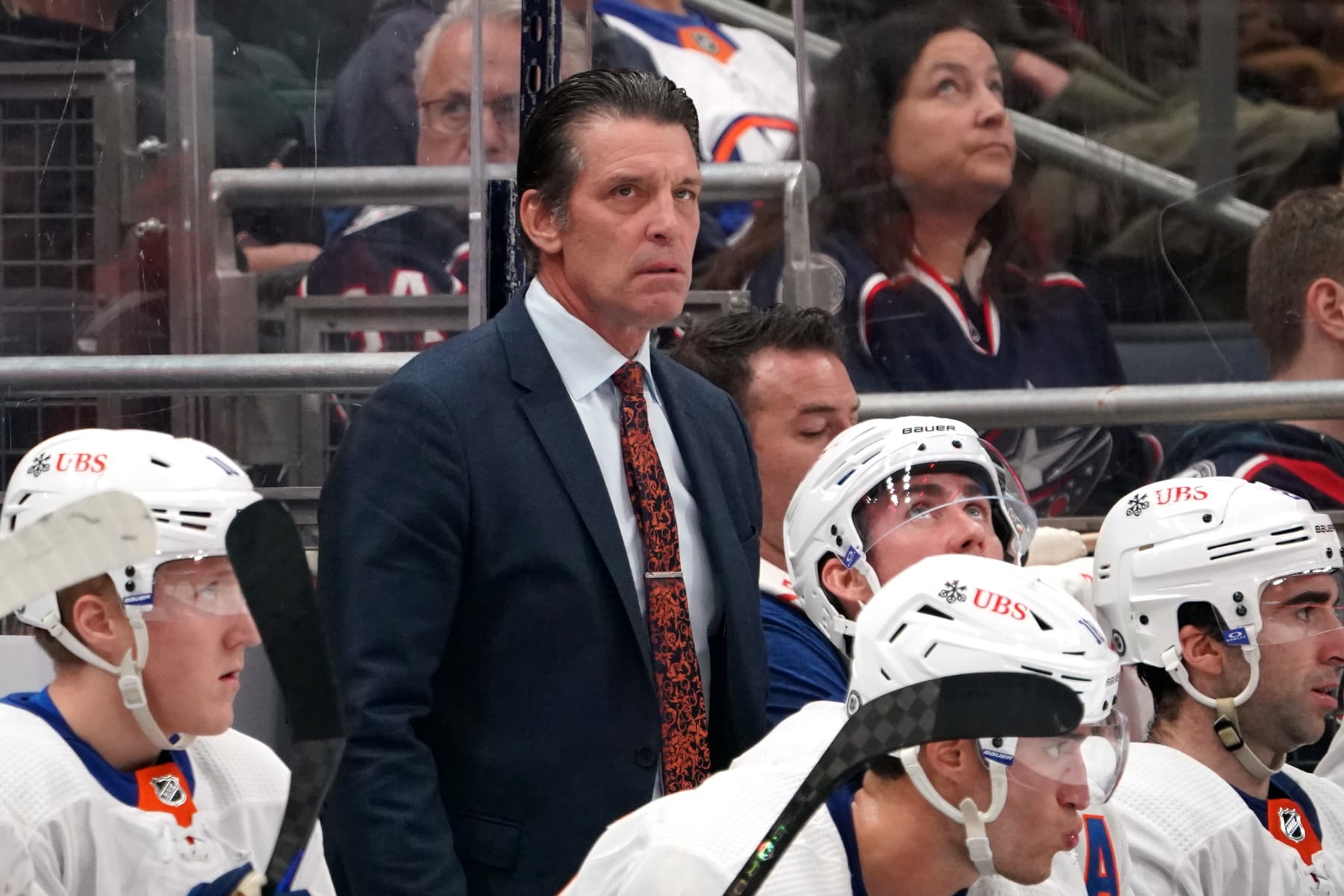 COLUMBUS, OHIO - OCTOBER 28: Head coach Lane Lambert of the New York Islanders looks on during the third period against the Columbus Blue Jackets at Nationwide Arena on October 28, 2023 in Columbus, Ohio. (Photo by Jason Mowry/Getty Images)