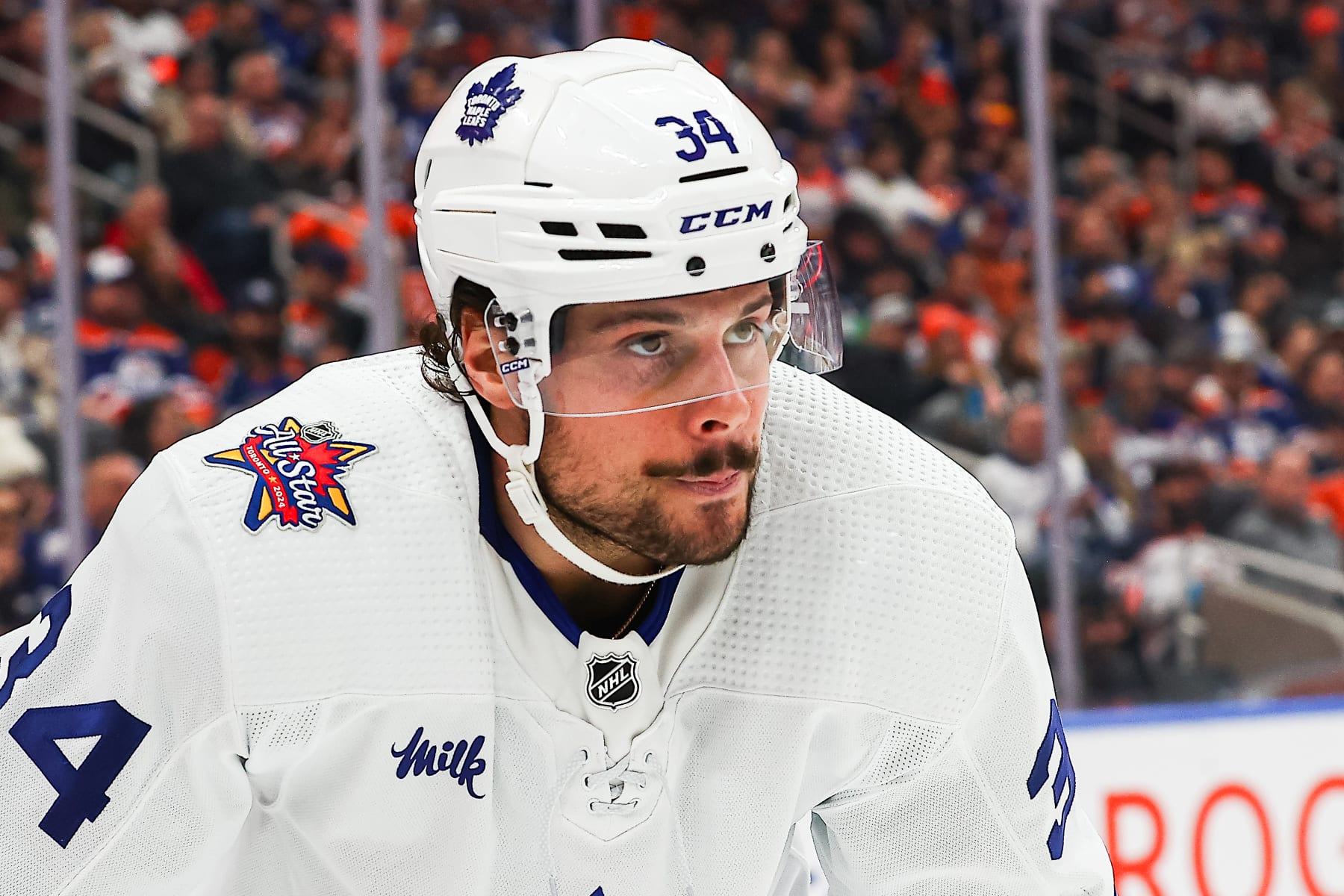 EDMONTON, AB - JANUARY 16: Toronto Maple Leafs Center Auston Matthews (34) in action in the second period of the Edmonton Oilers game versus the Toronto Maple Leafs on January 16, 2024 at Rogers Place in Edmonton, AB. (Photo by Curtis Comeau/Icon Sportswire via Getty Images)