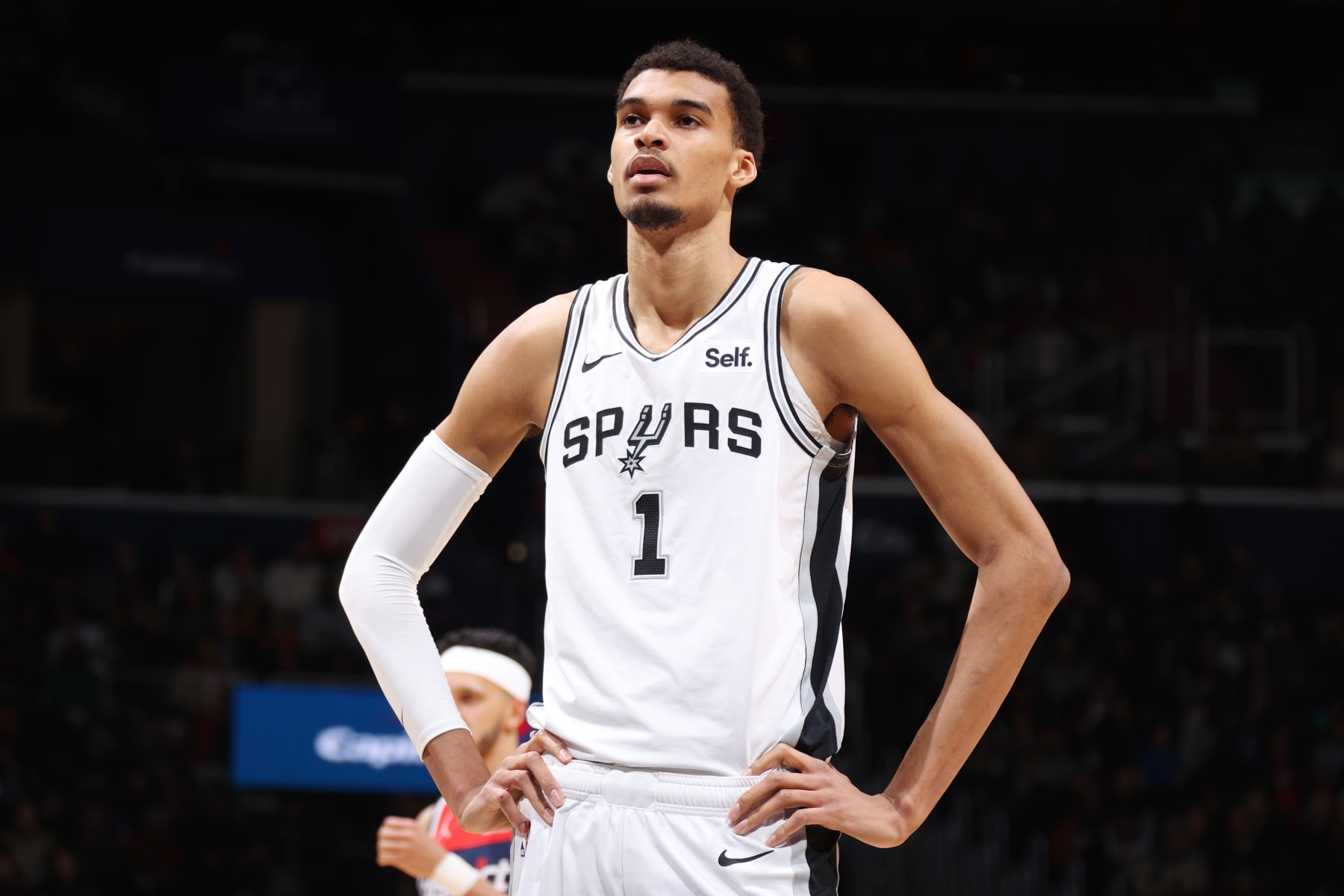 WASHINGTON, DC - JANUARY 20: Victor Wembanyama #1 of the San Antonio Spurs look on during the game against the Washington Wizards on January 20, 2024 at Capital One Arena in Washington, DC. NOTE TO USER: User expressly acknowledges and agrees that, by downloading and or using this Photograph, user is consenting to the terms and conditions of the Getty Images License Agreement. Mandatory Copyright Notice: Copyright 2024 NBAE (Photo by Stephen Gosling/NBAE via Getty Images)