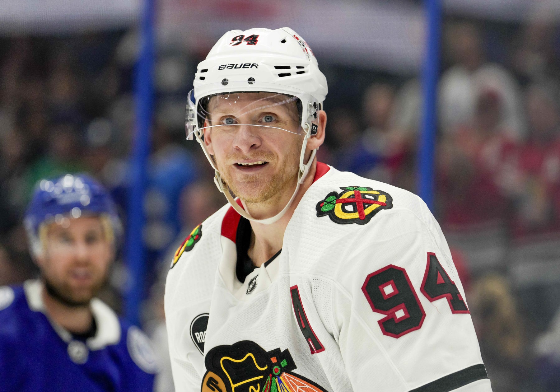 TAMPA, FL - NOVEMBER 09: Chicago Blackhawks right wing Corey Perry (94) during the NHL Hockey match between the Tampa Bay Lightning and Chicago Blackhawks on November 9th, 2023 at Amalie Arena in Tampa, FL. (Photo by Andrew Bershaw/Icon Sportswire via Getty Images)