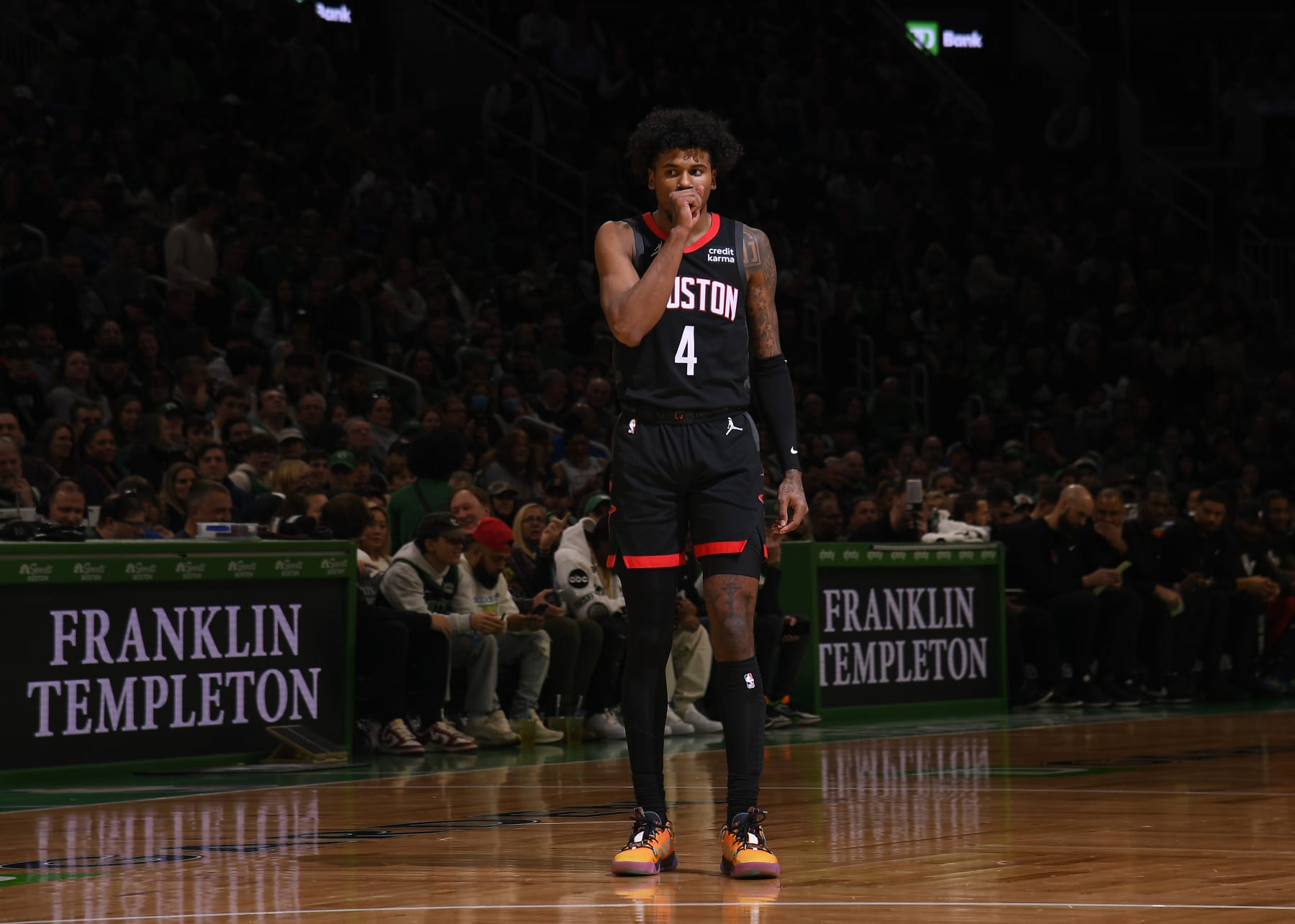 BOSTON, MA - JANUARY 13: Jalen Green #4 of the Houston Rockets stands on the court during the game against the Boston Celtics on January 13, 2024 at the TD Garden in Boston, Massachusetts. NOTE TO USER: User expressly acknowledges and agrees that, by downloading and or using this photograph, User is consenting to the terms and conditions of the Getty Images License Agreement. Mandatory Copyright Notice: Copyright 2024 NBAE  (Photo by Brian Babineau/NBAE via Getty Images)