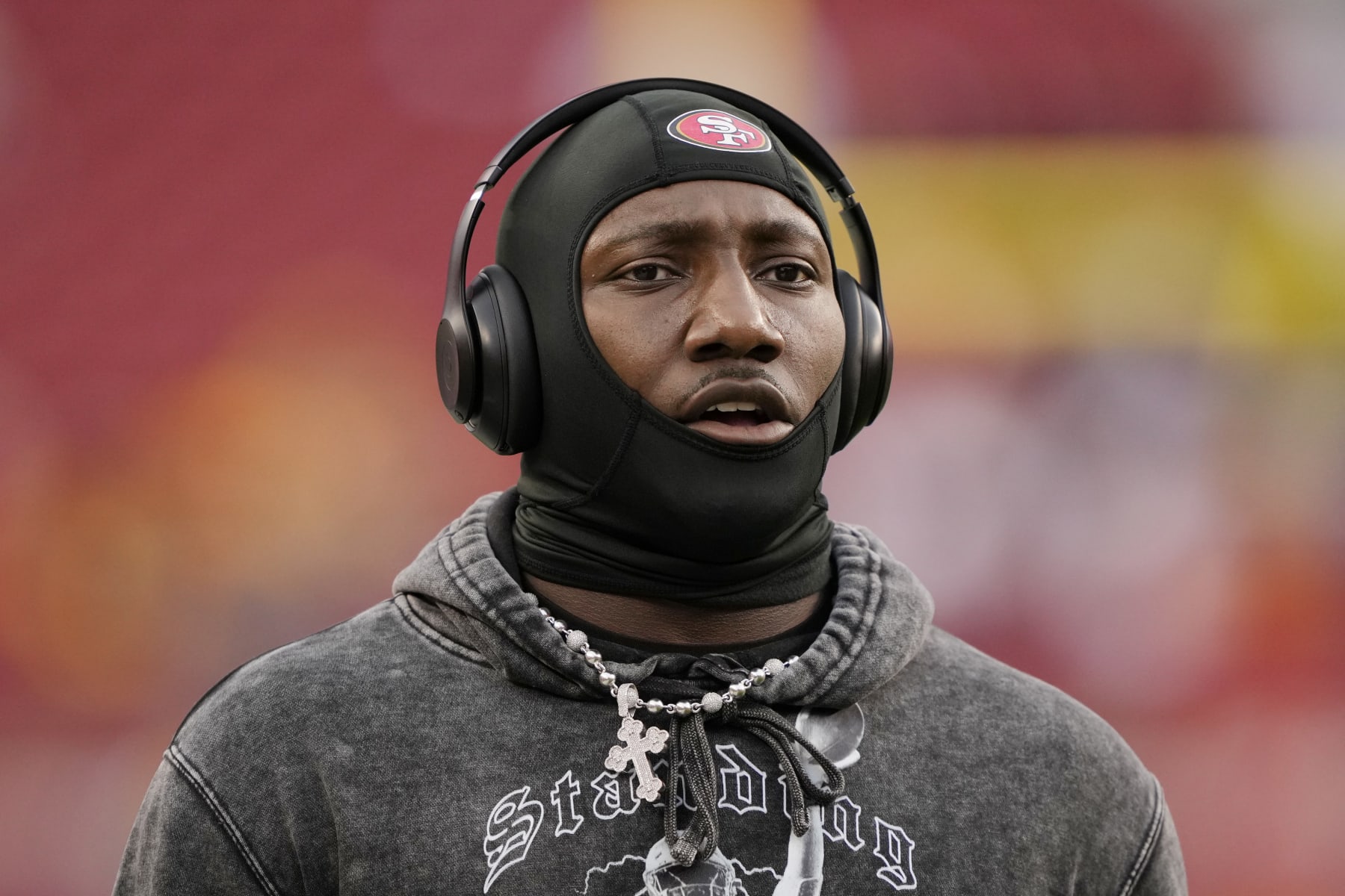 SANTA CLARA, CALIFORNIA - JANUARY 20: Deebo Samuel #19 of the San Francisco 49ers warms up before the NFC Divisional Playoffs against the Green Bay Packers at Levi's Stadium on January 20, 2024 in Santa Clara, California. (Photo by Thearon W. Henderson/Getty Images)
