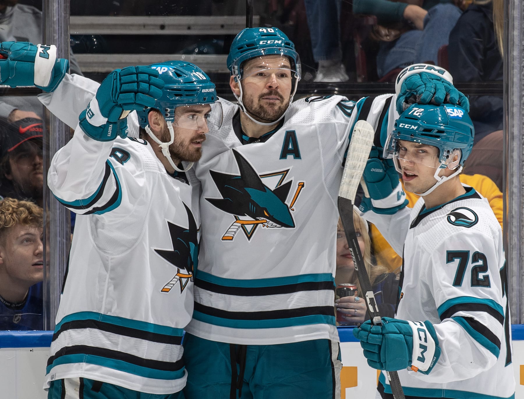 VANCOUVER, CANADA - DECEMBER 23:Tomas Hertl #48 of the San Jose Sharks celebrates his goal with teammates during the first period of their NHL game against the Vancouver Canucks at Rogers Arena on December 23, 2023 in Vancouver, British Columbia, Canada. (Photo by Jeff Vinnick/NHLI via Getty Images)