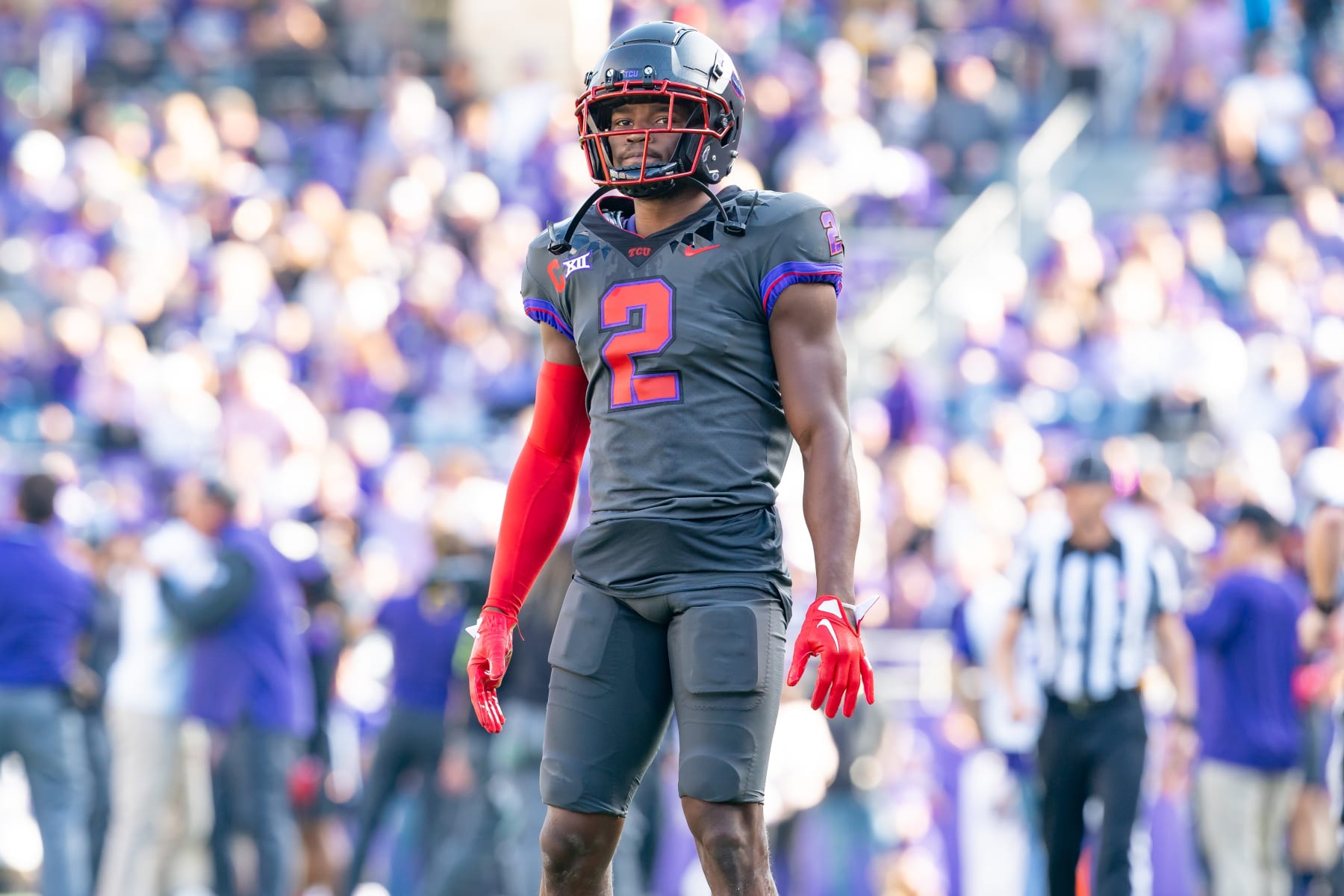FORT WORTH, TX - NOVEMBER 18:TCU Horned Frogs cornerback Josh Newton (2) looks to the sideline during a college football game between the Baylor Bears and the TCU Horned Frogs on November 18, 2023 at Amon G. Carter Stadium in Fort Worth, TX.  (Photo by Chris Leduc/Icon Sportswire via Getty Images)