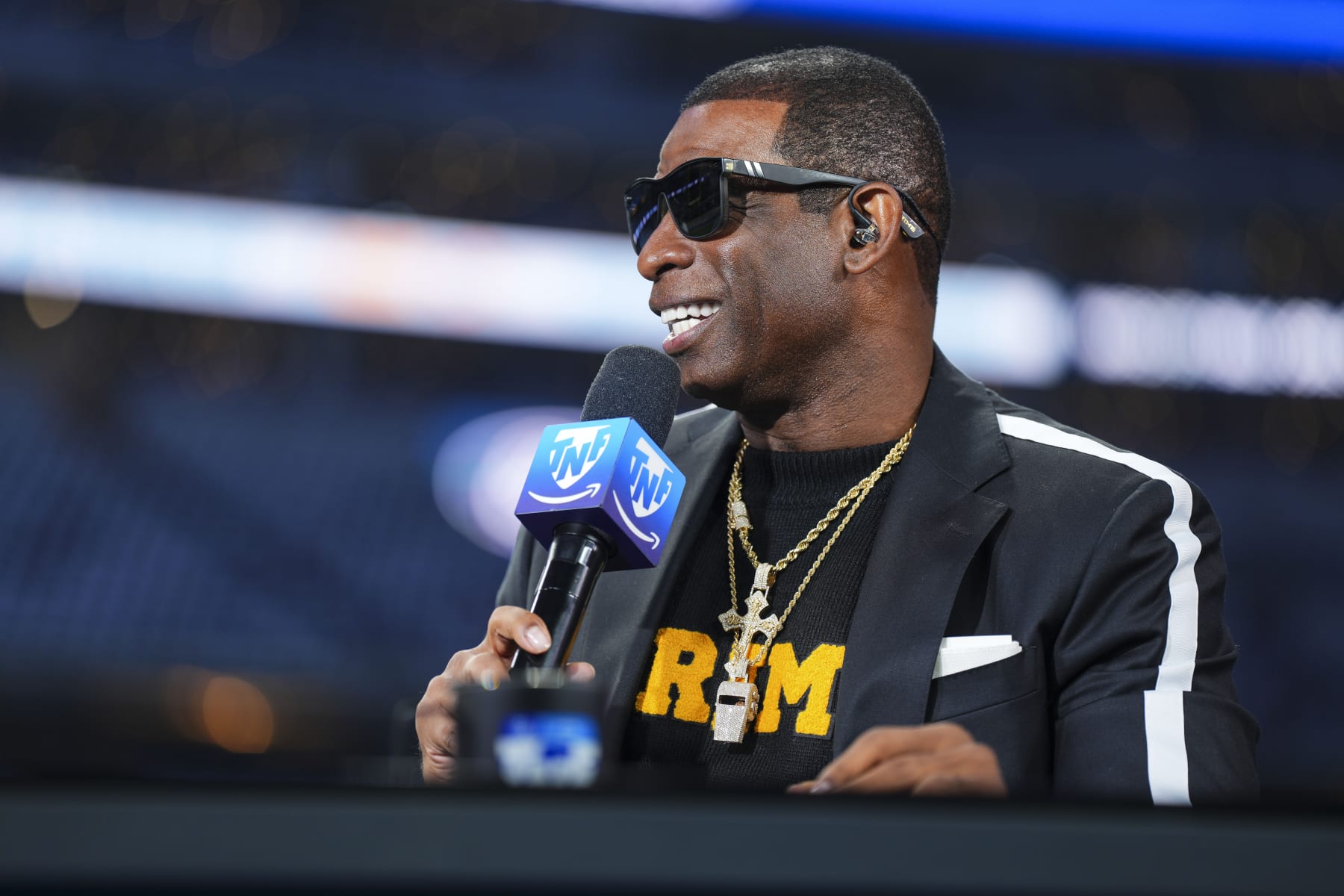 ARLINGTON, TX - NOVEMBER 30: Deion Sanders visits on set of the Amazon Prime TNF pregame show prior to an NFL football game between the Seattle Seahawks and the Dallas Cowboys at AT&T Stadium on November 30, 2023 in Arlington, Texas. (Photo by Cooper Neill/Getty Images)