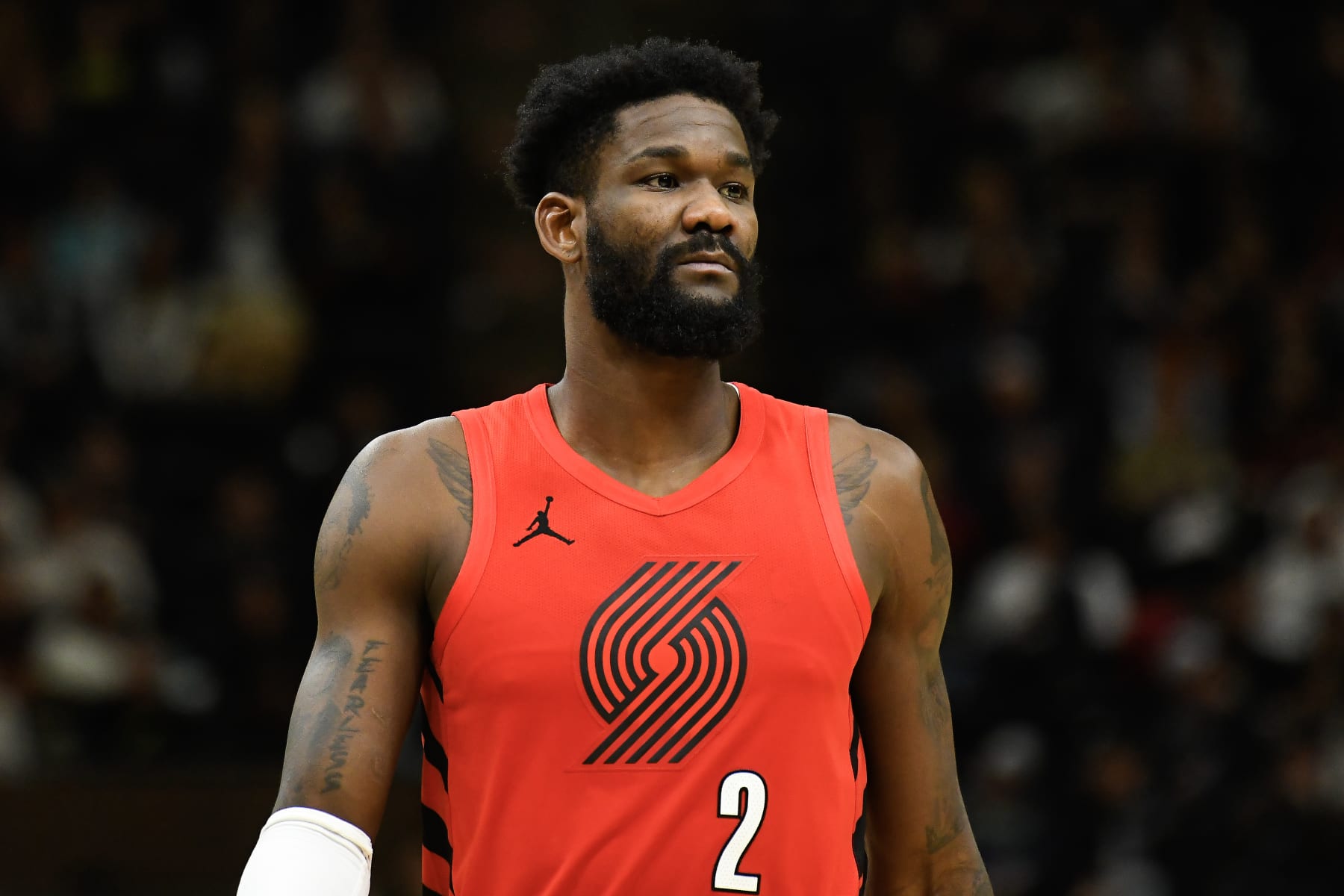 SALT LAKE CITY, UTAH - DECEMBER 02: Deandre Ayton #2 of the Portland Trail Blazers looks on during the second half of a game against the Utah Jazz at Delta Center on December 02, 2023 in Salt Lake City, Utah. NOTE TO USER: User expressly acknowledges and agrees that, by downloading and or using this photograph, User is consenting to the terms and conditions of the Getty Images License Agreement. (Photo by Alex Goodlett/Getty Images)