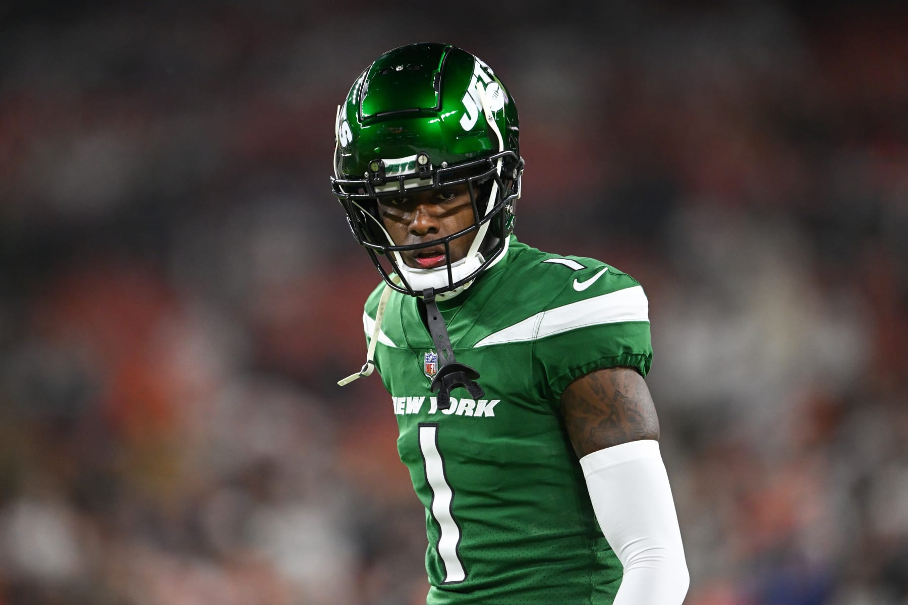 CLEVELAND, OHIO - DECEMBER 28: Sauce Gardner #1 of the New York Jets looks on prior to a game against the Cleveland Browns at Cleveland Browns Stadium on December 28, 2023 in Cleveland, Ohio. (Photo by Nick Cammett/Diamond Images via Getty Images)