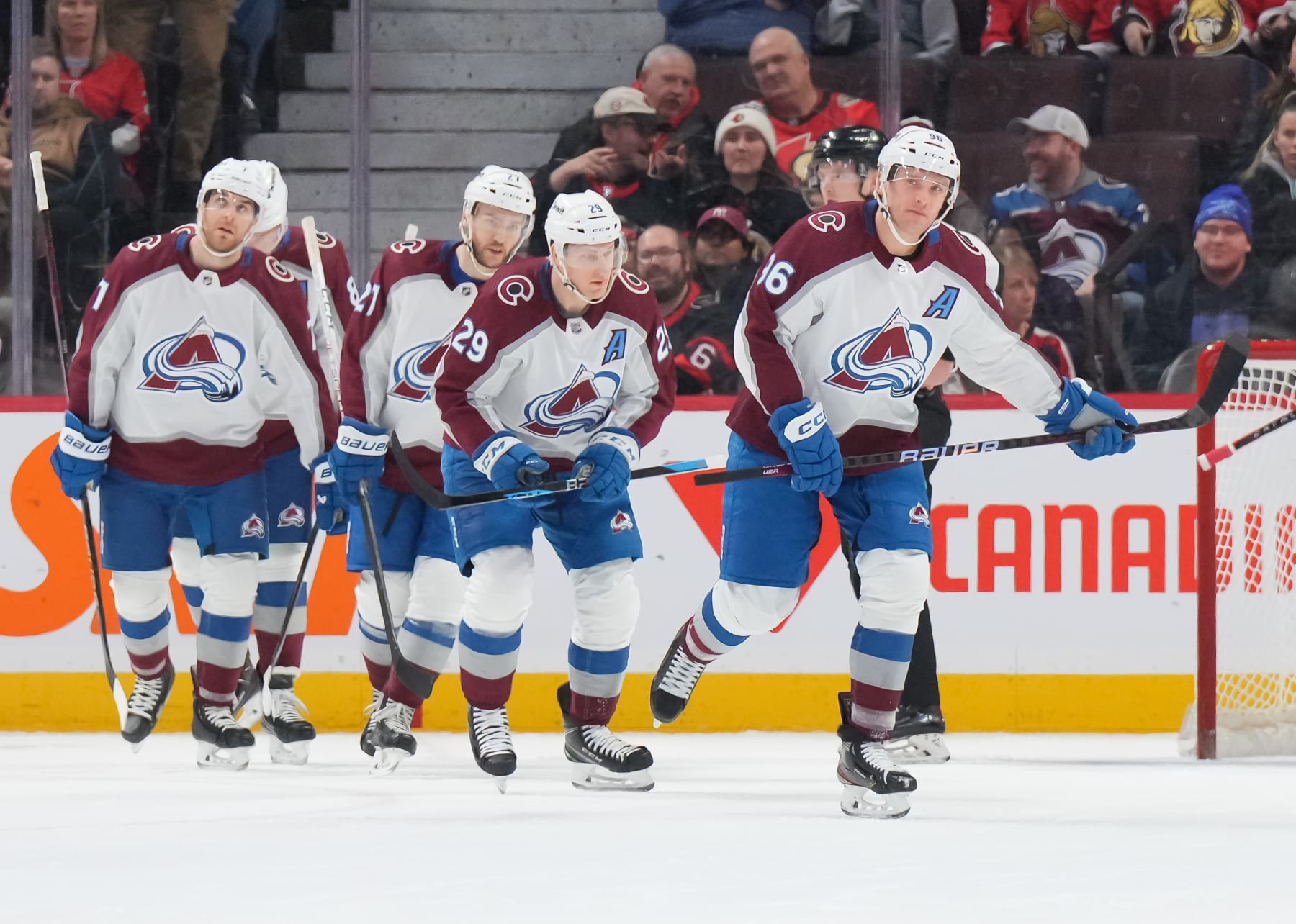 OTTAWA, CANADA - JANUARY 16: Mikko Rantanen #96 of the Colorado Avalanche celebrates his first period goal against the Ottawa Senators with teammates Nathan MacKinnon #29, Jonathan Drouin #27, Devon Toews #7 and Cale Makar #8 at Canadian Tire Centre on January 16, 2024 in Ottawa, Ontario, Canada. (Photo by André Ringuette/NHLI via Getty Images)