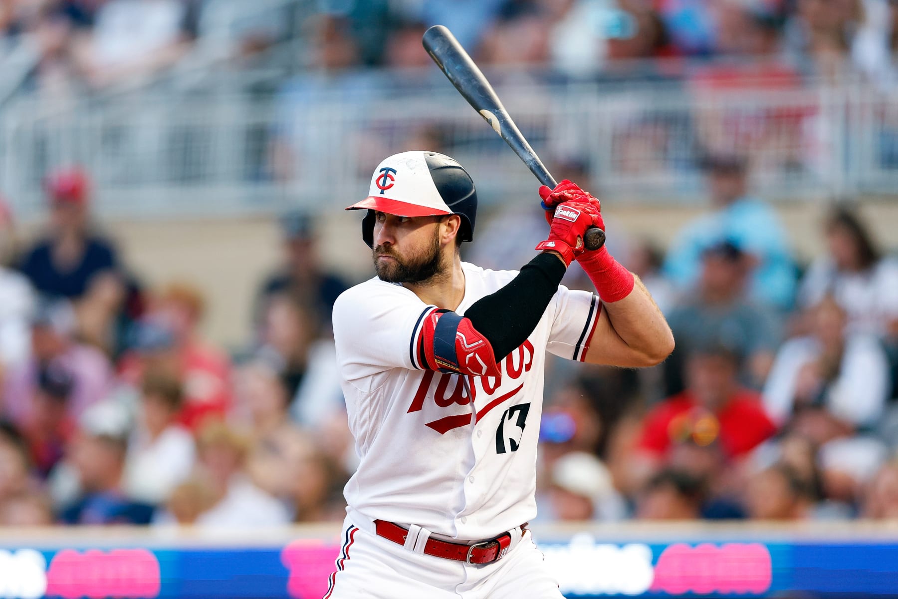 MINNEAPOLIS, MINNESOTA - AUGUST 25: Joey Gallo #13 of the Minnesota Twins takes an at-bat against the Texas Rangers in the first inning at Target Field on August 25, 2023 in Minneapolis, Minnesota. The Twins defeated the Rangers 12-2. (Photo by David Berding/Getty Images)