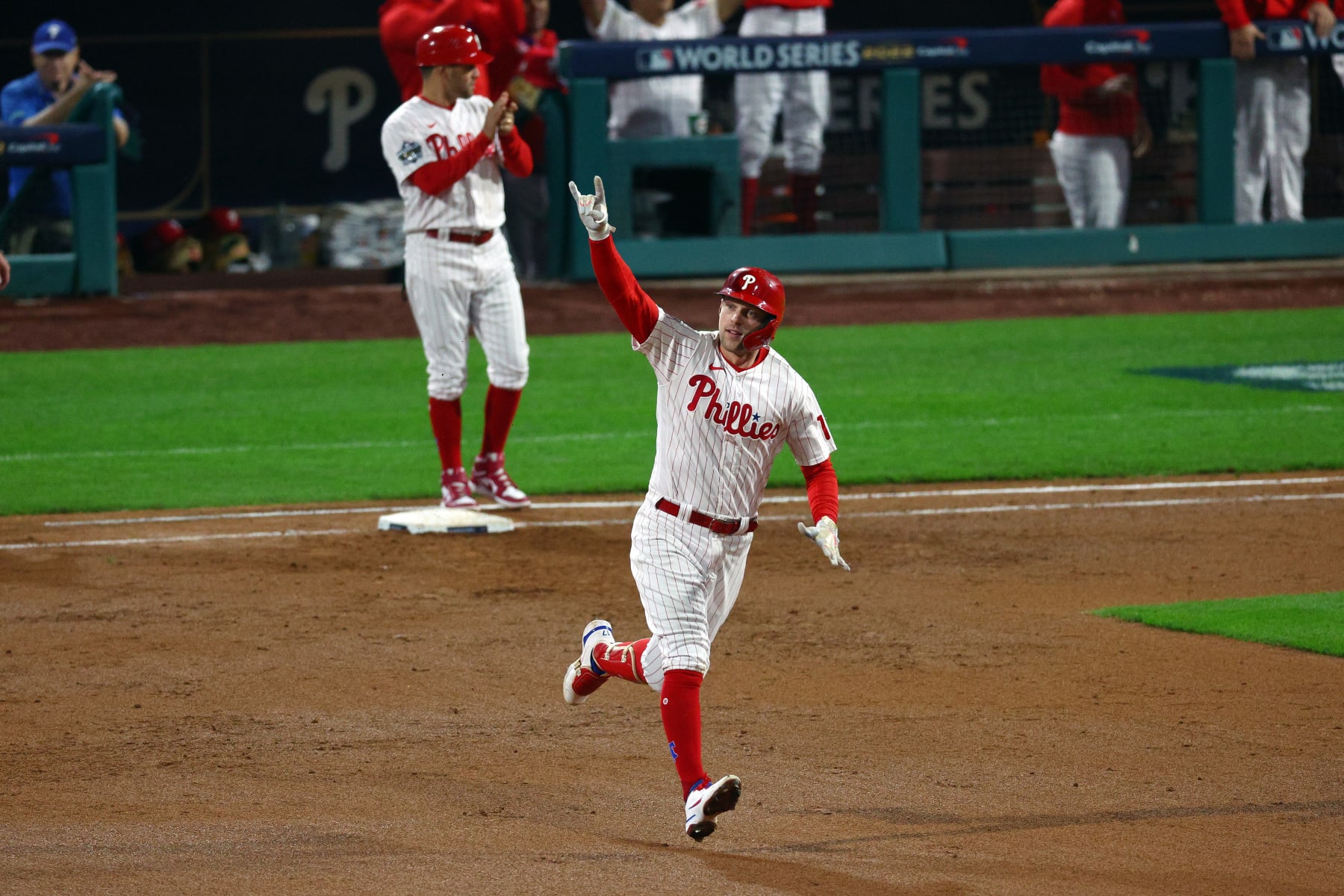 PHILADELPHIA, PENNSYLVANIA - NOVEMBER 01: Rhys Hoskins #17 of the Philadelphia Phillies rounds the bases after hitting a home run against the Houston Astros during the fifth inning in Game Three of the 2022 World Series at Citizens Bank Park on November 01, 2022 in Philadelphia, Pennsylvania. (Photo by Elsa/Getty Images)