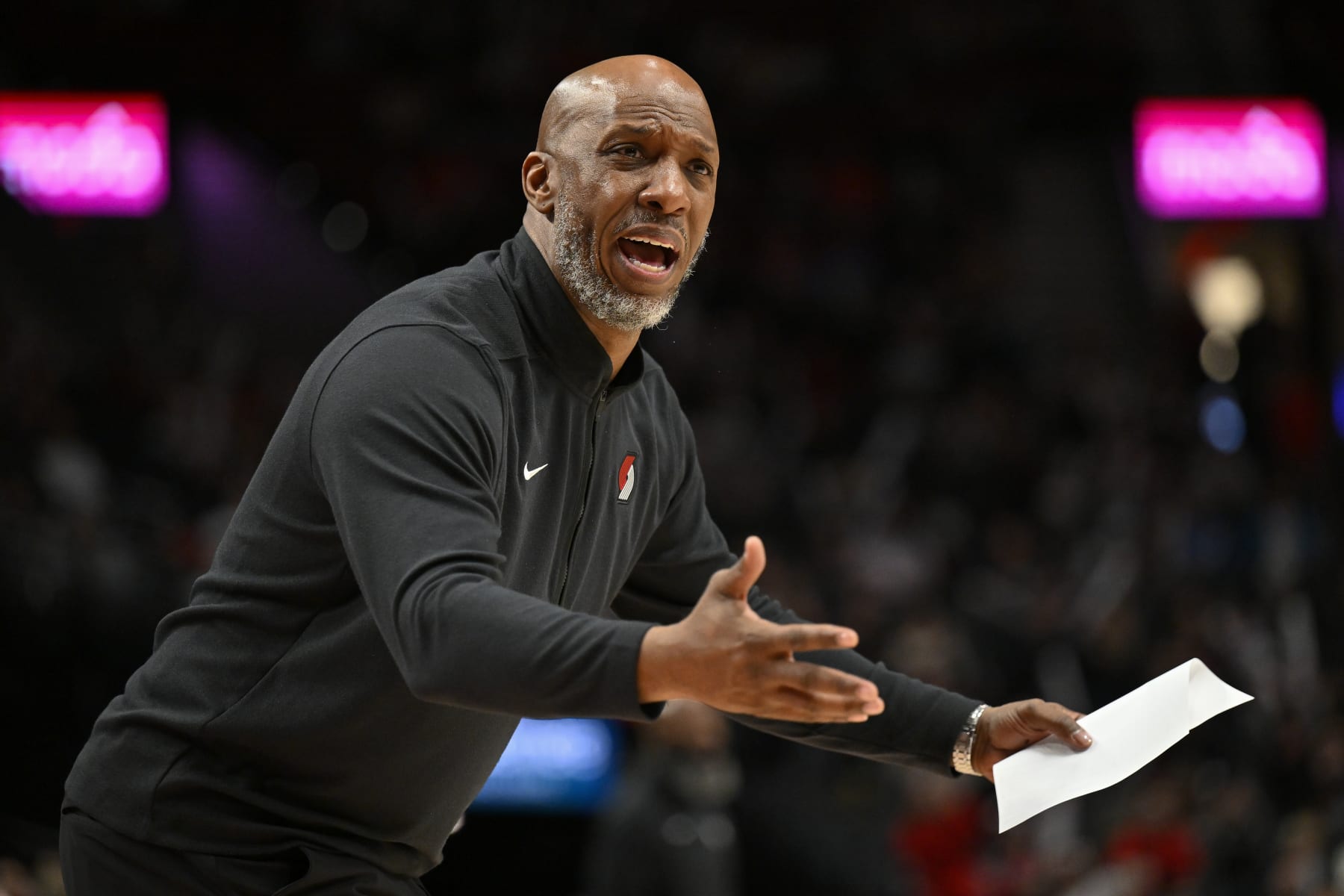 PORTLAND, OREGON - JANUARY 17: Head coach Chauncey Billups of the Portland Trail Blazers reacts to a call during the fourth quarter against the Brooklyn Nets at the Moda Center on January 17, 2024 in Portland, Oregon. The Portland Trail Blazers won 105-103. NOTE TO USER: User expressly acknowledges and agrees that, by downloading and or using this photograph, User is consenting to the terms and conditions of the Getty Images License Agreement. (Photo by Alika Jenner/Getty Images)