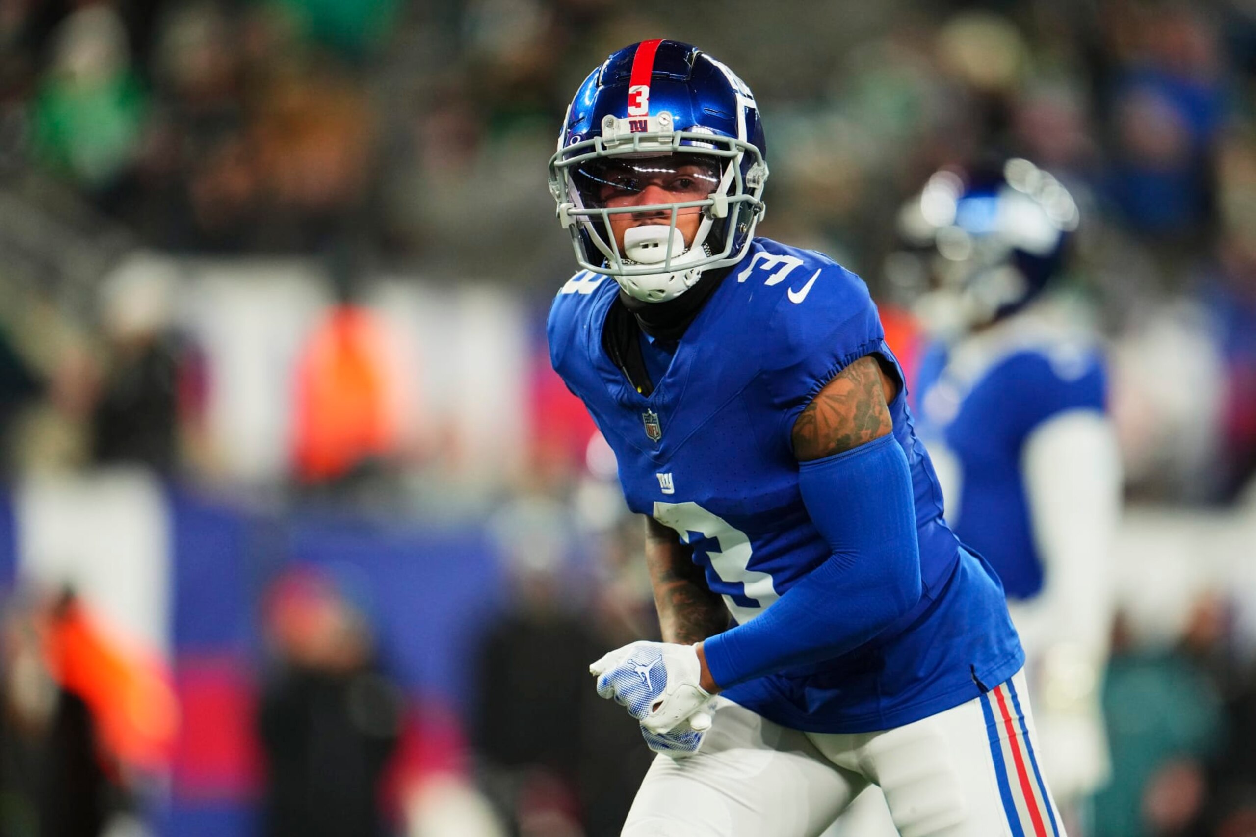 EAST RUTHERFORD, NJ - JANUARY 07: Sterling Shepard #3 of the New York Giants lines up against the Philadelphia Eagles during the second half at MetLife Stadium on January 7, 2024 in East Rutherford, New Jersey. (Photo by Cooper Neill/Getty Images)