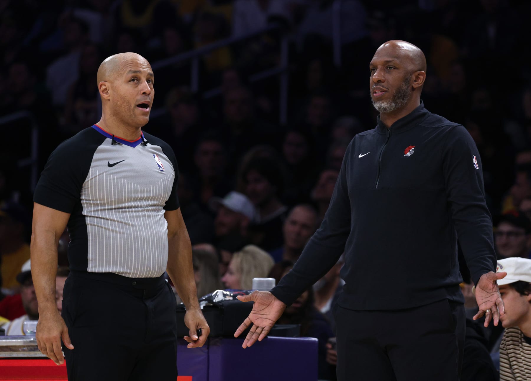 LOS ANGELES, CALIFORNIA - JANUARY 21: Head coach Chauncey Billups of the Portland Trail Blazers reacts to referee Marc Davis #8 during the first half at Crypto.com Arena on January 21, 2024 in Los Angeles, California. User is consenting to the terms and conditions of the Getty Images License Agreement. (Photo by Harry How/Getty Images)