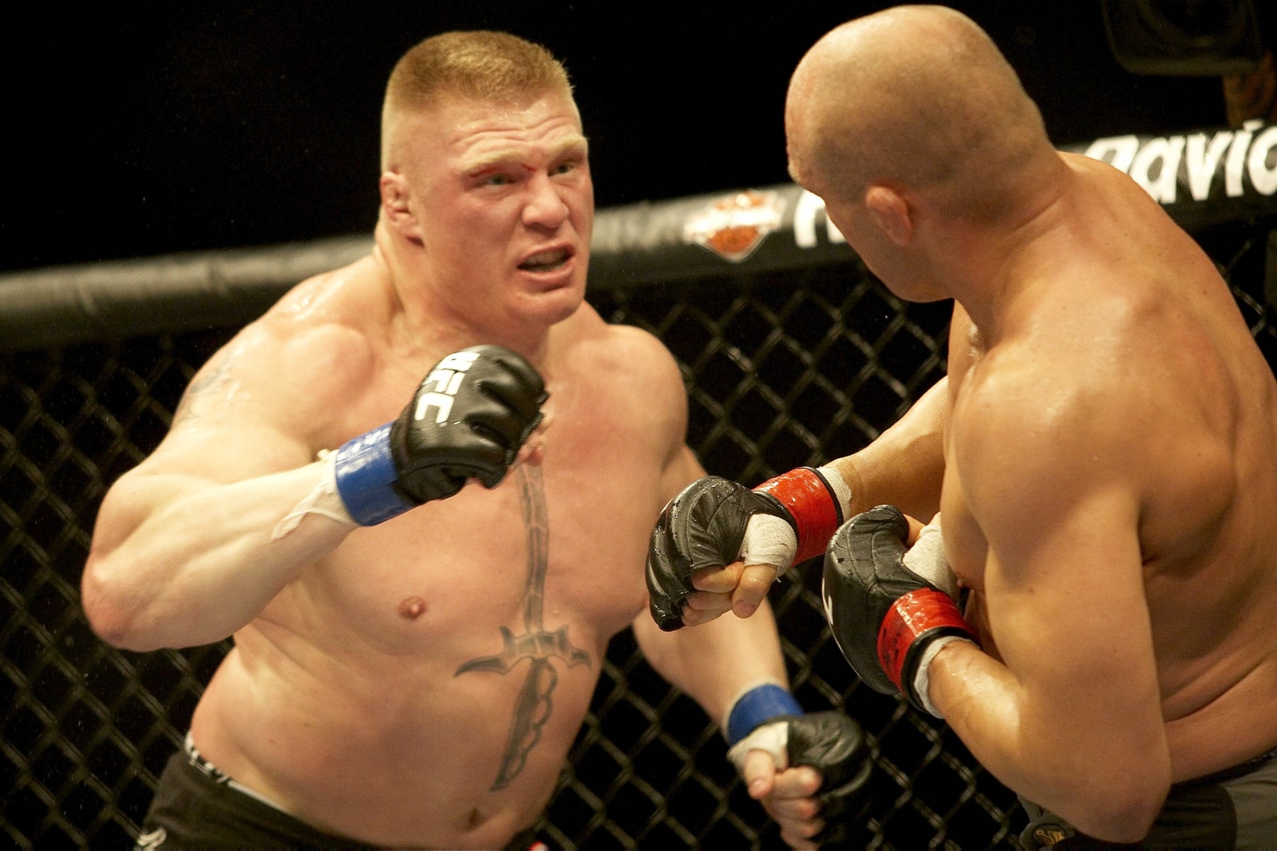 Mixed Martial Arts: UFC 91: Brock Lesnar (L) in action vs Randy Couture. Las Vegas, NV 11/15/2008 CREDIT: Greg Choat (Photo by Greg Choat /Sports Illustrated via Getty Images) (Set Number: X81461 TK2 R2 F118 )