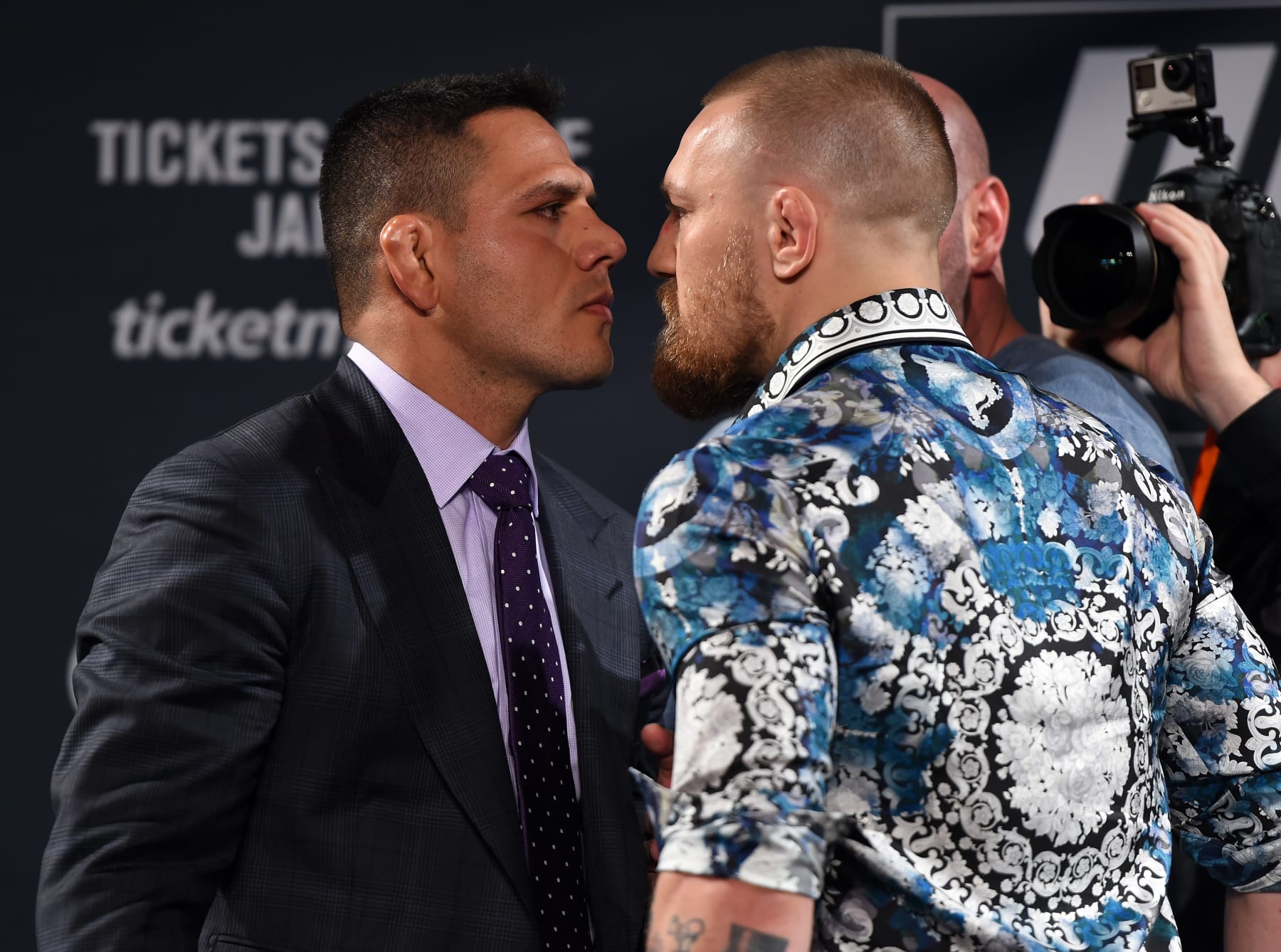 LAS VEGAS, NV - JANUARY 20: Rafael dos Anjos of Brazil (L) and Conor McGregor of Ireland (R) face off during the UFC 197 on-sale press conference event inside MGM Grand Hotel & Casino on January 20, 2016 in Las Vegas, Nevada. (Photo by Jeff Bottari/Zuffa LLC/Zuffa LLC via Getty Images)