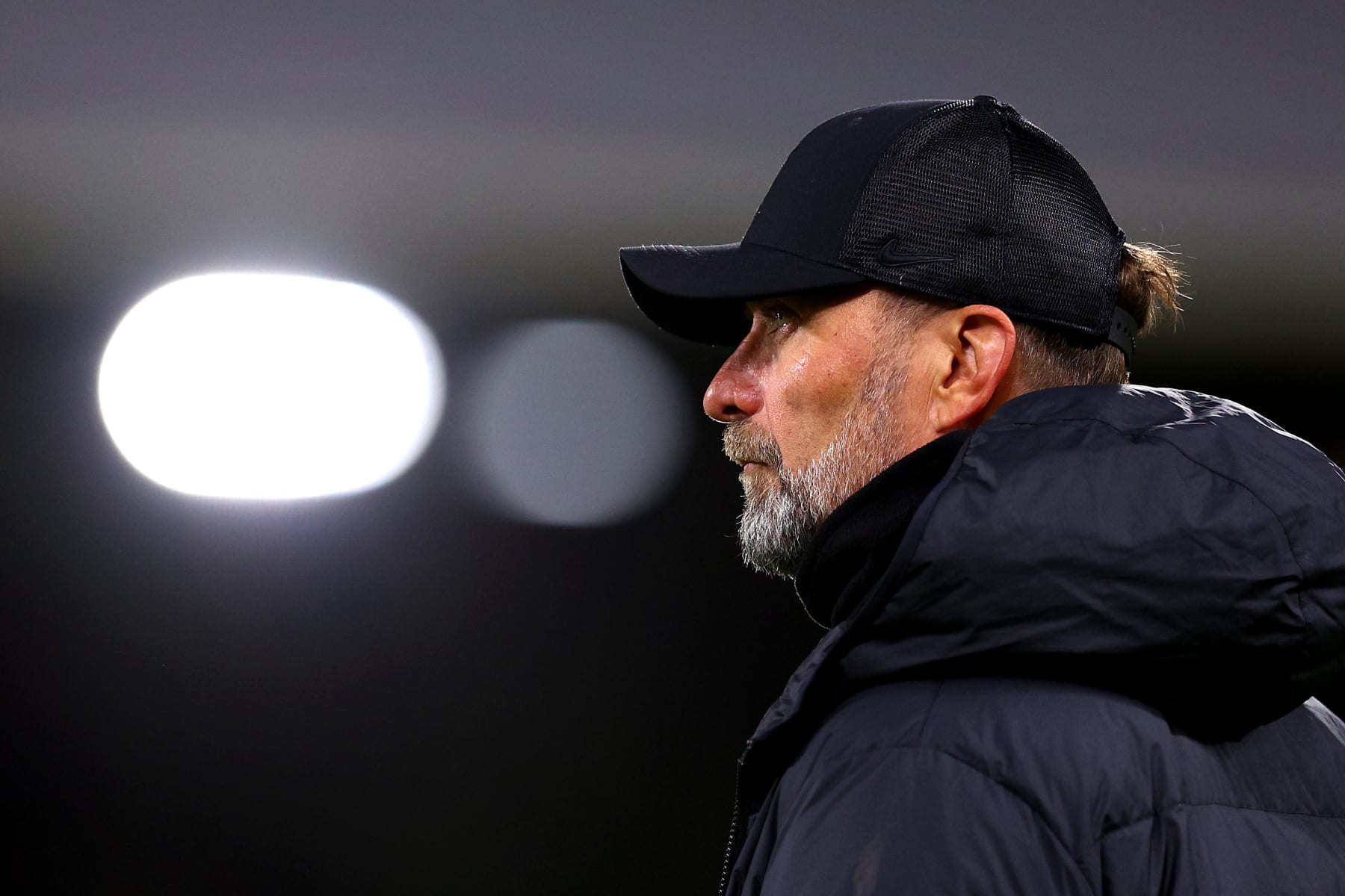 LONDON, ENGLAND - JANUARY 24: Juergen Klopp, Manager of Liverpool, looks on prior to the Carabao Cup Semi Final Second Leg match between Fulham and Liverpool at Craven Cottage on January 24, 2024 in London, England. (Photo by Clive Rose/Getty Images)