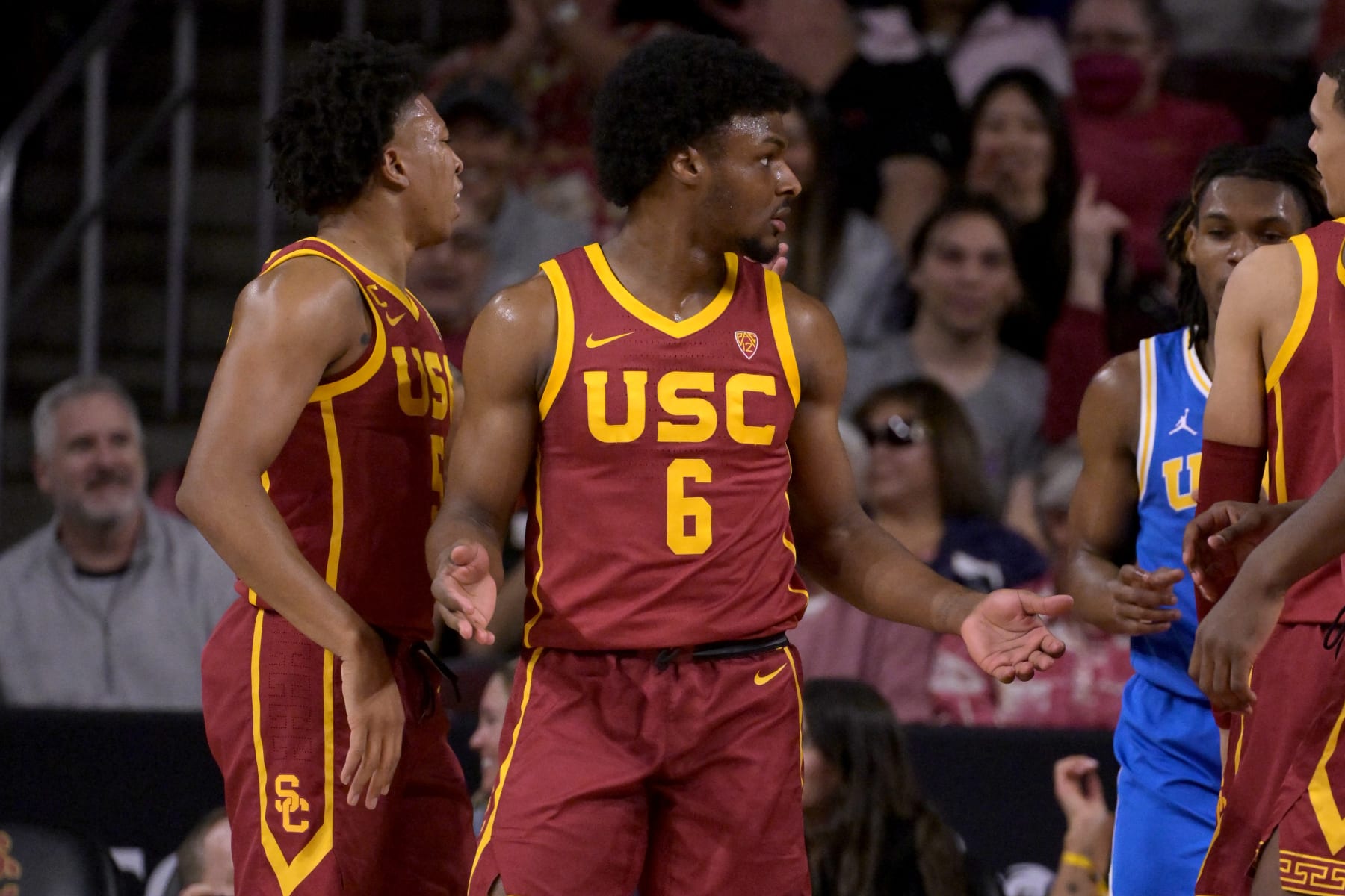 LOS ANGELES, CALIFORNIA - JANUARY 27: Bronny James #6 of the USC Trojans reacts after blocking a shot by Dylan Andrews #2 of the UCLA Bruins in the first half at Galen Center on January 27, 2024 in Los Angeles, California. (Photo by Jayne Kamin-Oncea/Getty Images)