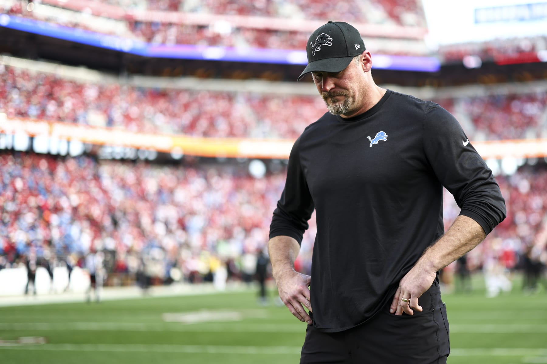 SANTA CLARA, CA - JANUARY 28: Head coach Dan Campbell of the Detroit Lions looks down prior to the NFC Championship NFL football game against the San Francisco 49ers at Levi's Stadium on January 28, 2024 in Santa Clara, California. (Photo by Kevin Sabitus/Getty Images)