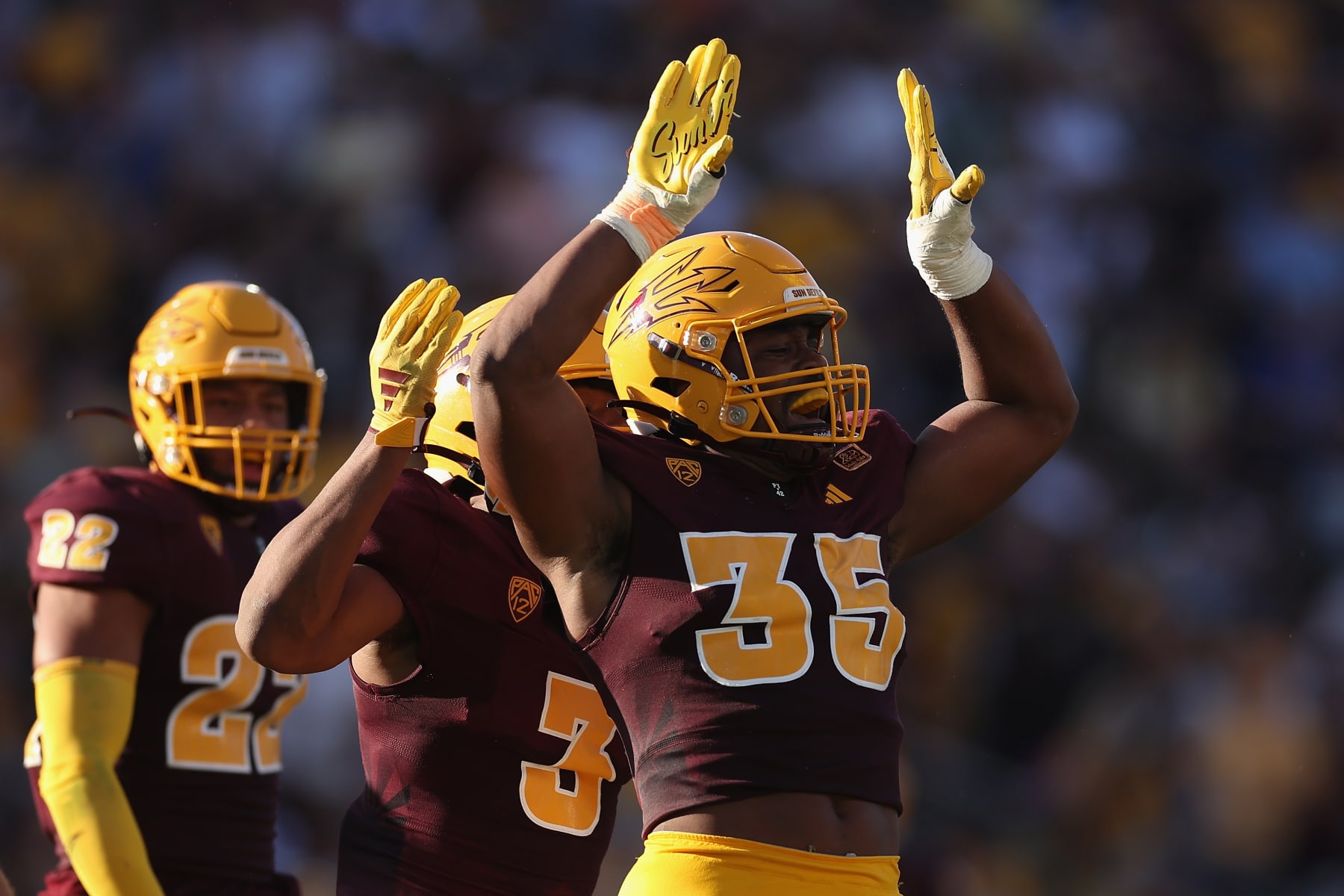 TEMPE, ARIZONA - OCTOBER 07: Defensive lineman B.J. Green II #35 of the Arizona State Sun Devils celebrates after a sack against the Colorado Buffaloes during the first half of the NCAAF game at Mountain America Stadium on October 07, 2023 in Tempe, Arizona. (Photo by Christian Petersen/Getty Images)