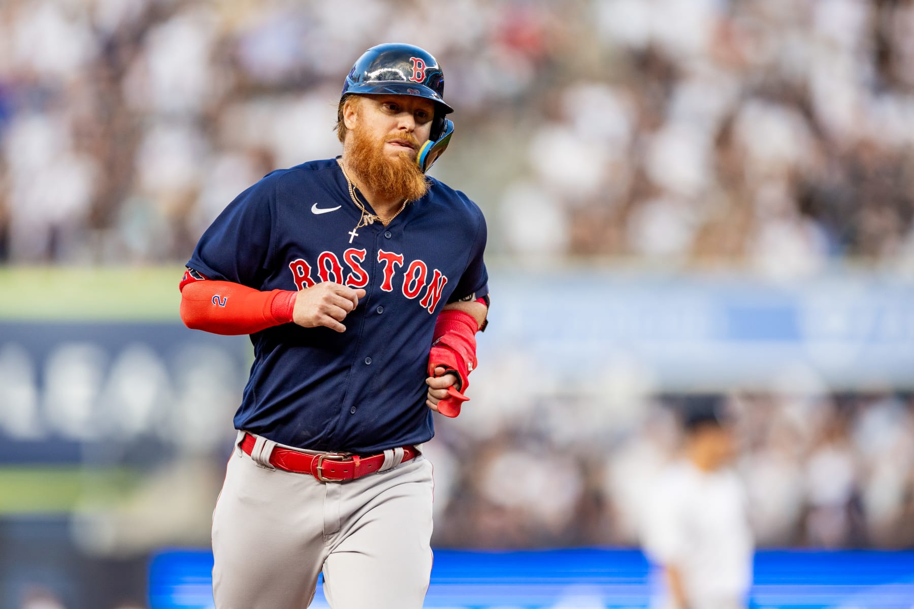 BRONX, NY - AUGUST 18: Boston Red Sox Designated hitter Justin Turner (2) rounds second base during the MLB professional baseball game between the Boston Red Sox and New York Yankees on August 18, 2023 at Yankee Stadium in Bronx, NY. (Photo by Bob Kupbens/Icon Sportswire via Getty Images)